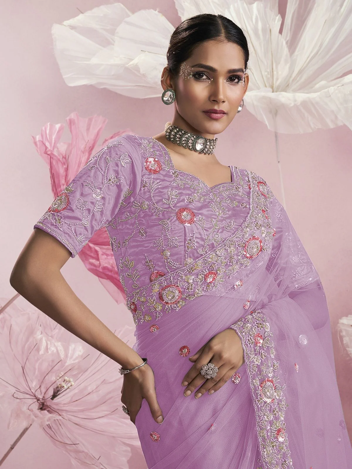 Odette Lavender Net Embellished Elegant Saree For Women - Image 2