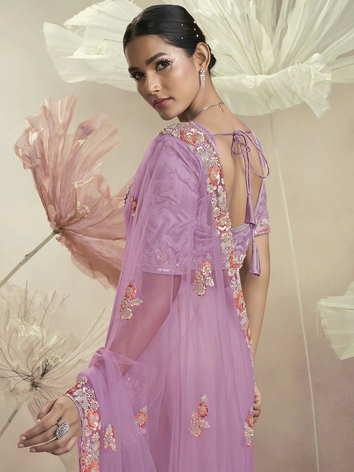 Odette Lavender Net Embellished Elegant Saree For Women - Image 2