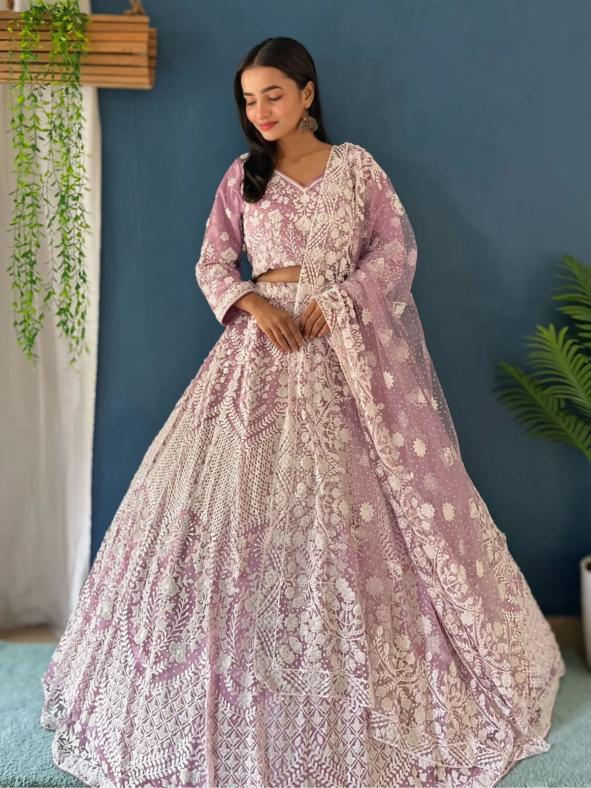 Odette Lavender Net Embellished Semi Stitched Lehenga For Women - Image 2