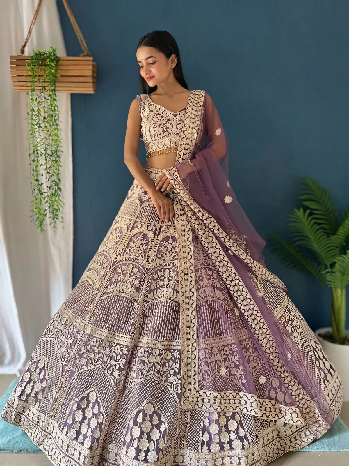 Odette Lavender Net Embellished Semi Stitched Lehenga For Women - Image 2