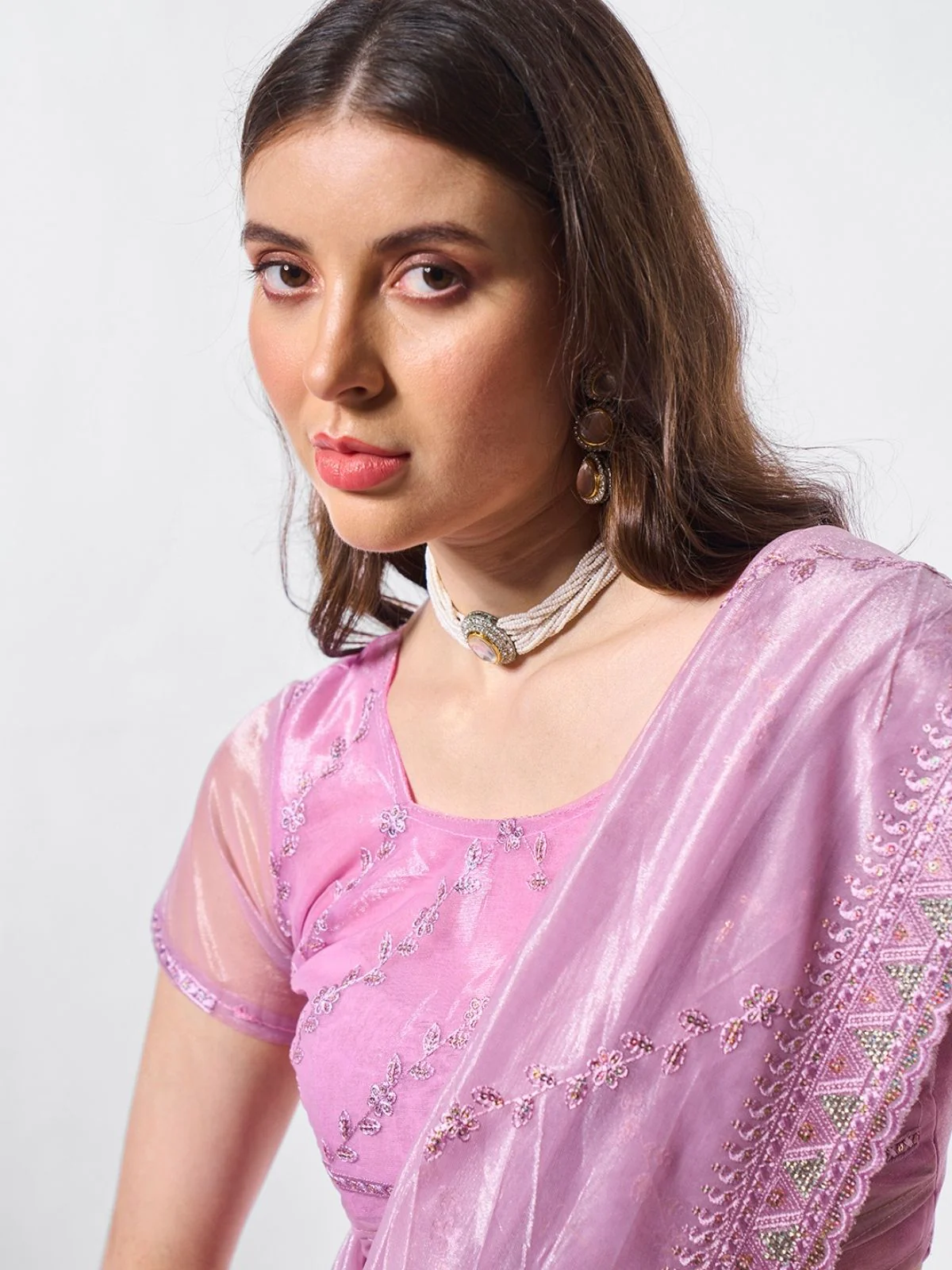 Odette Lavender Net Embroidered Saree With Unstitched Blouse For Women - Image 4