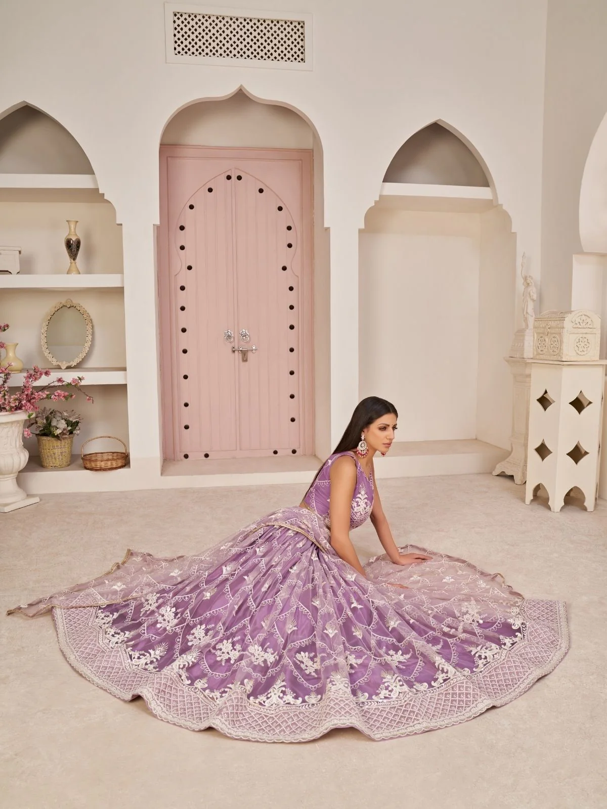Odette Lavender Net Embroidered Semi Stitched Lehenga For Women - Image 4