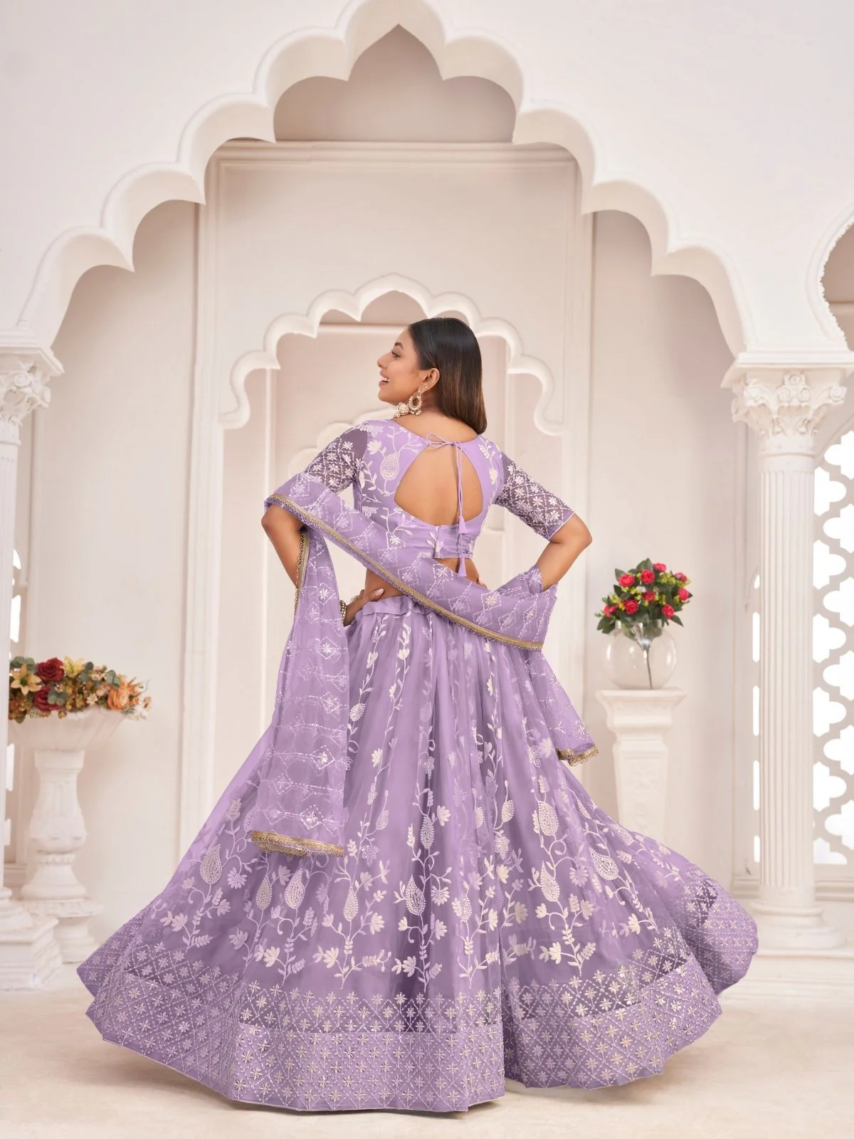 Odette Lavender Net Embroidered Semi Stitched Lehenga For Women - Image 3