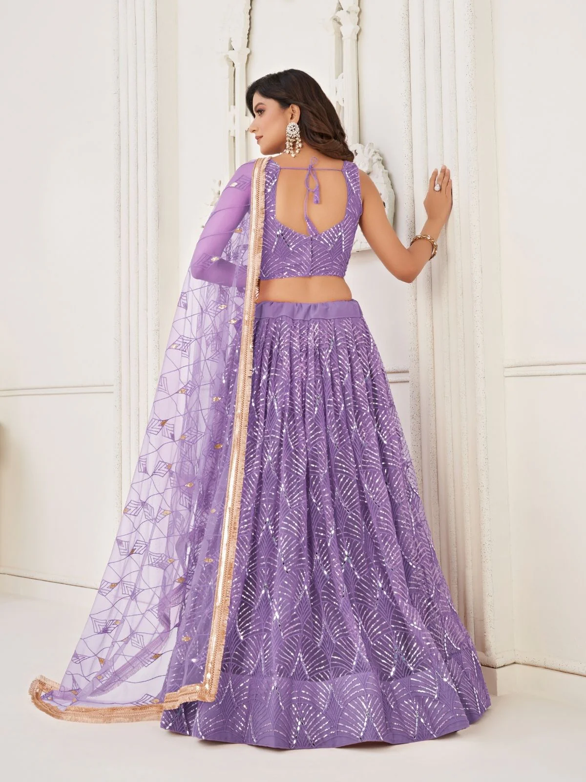 Odette Lavender Net Embroidered Semi Stitched Lehenga For Women - Image 3