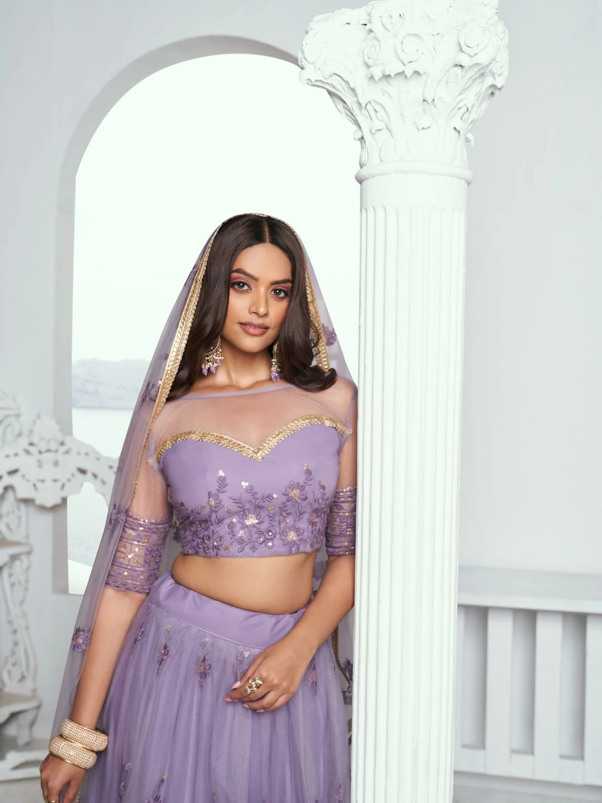 Odette Lavender Net Embroidered Semi Stitched Lehenga For Women - Image 4