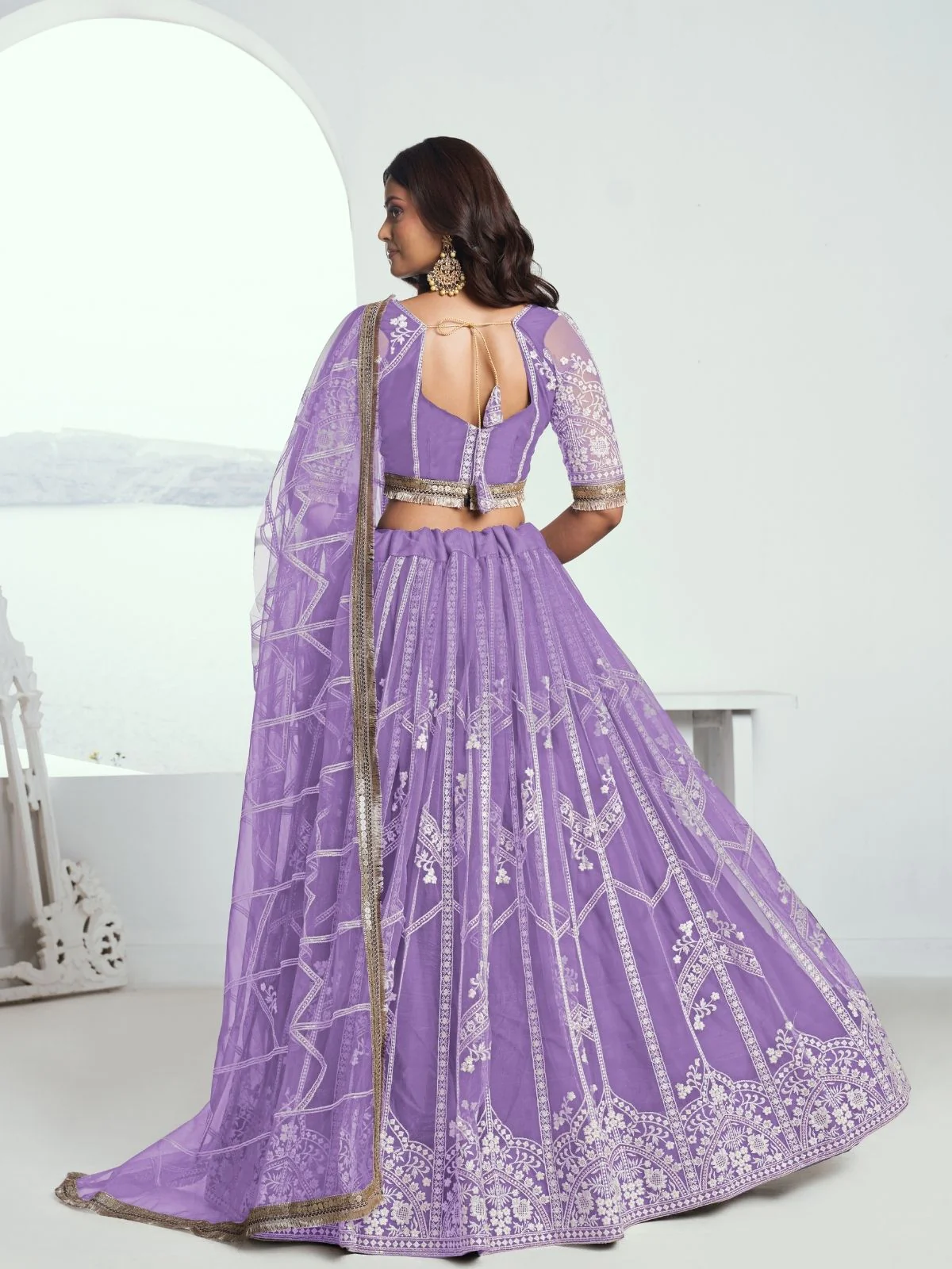 Odette Lavender Net Embroidered Semi Stitched Lehenga For Women - Image 3