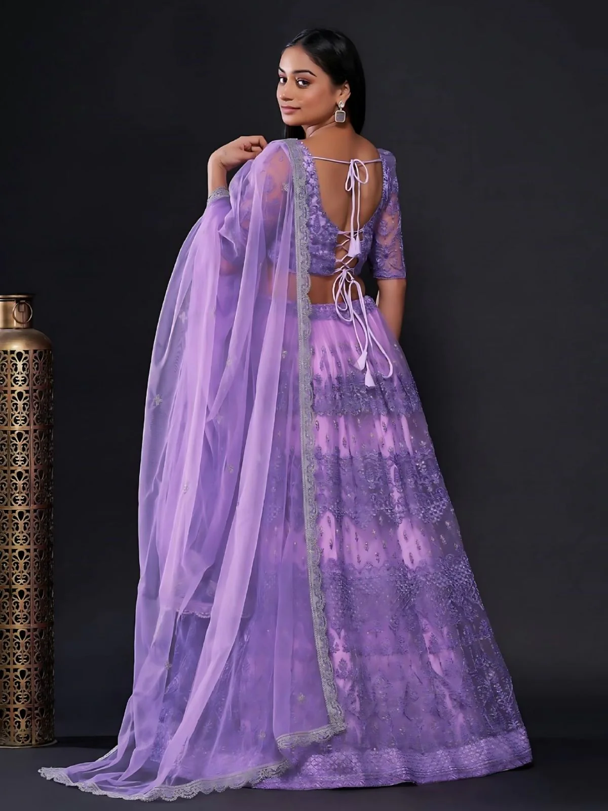 Odette Lavender Net Embroidered Semi-Stitched Lehenga For Women - Image 2
