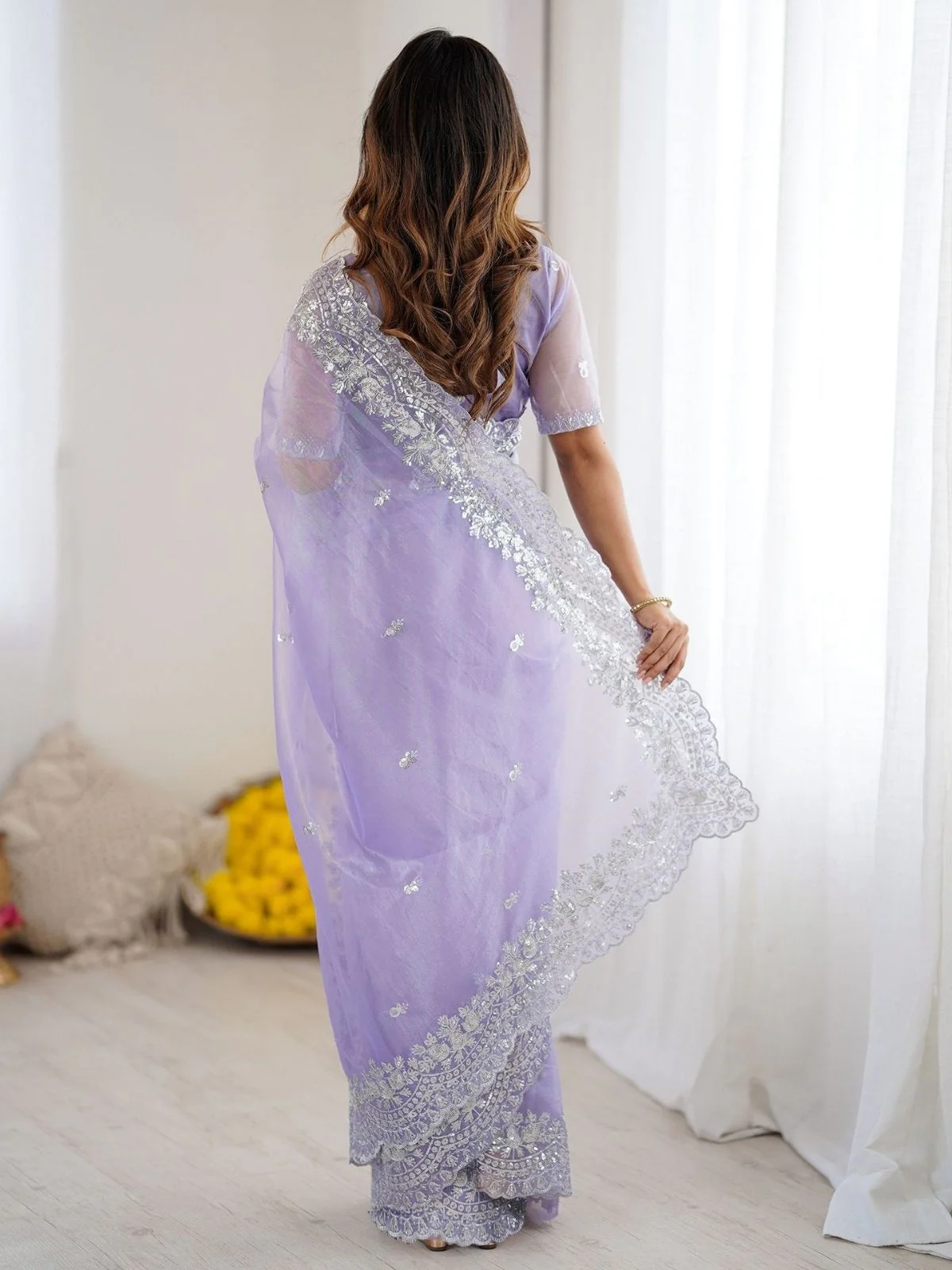 Odette Lavender Organza Embellished Solid Saree For Women - Image 2