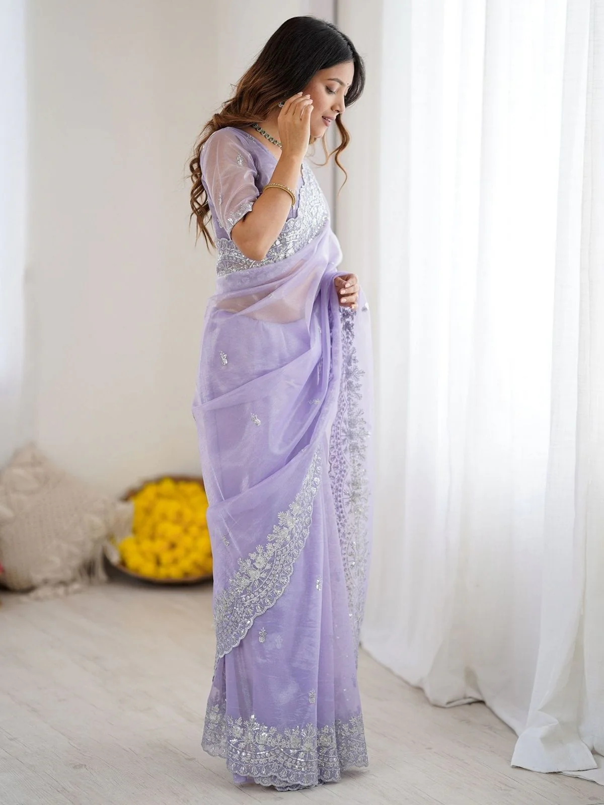 Odette Lavender Organza Embellished Solid Saree For Women - Image 4