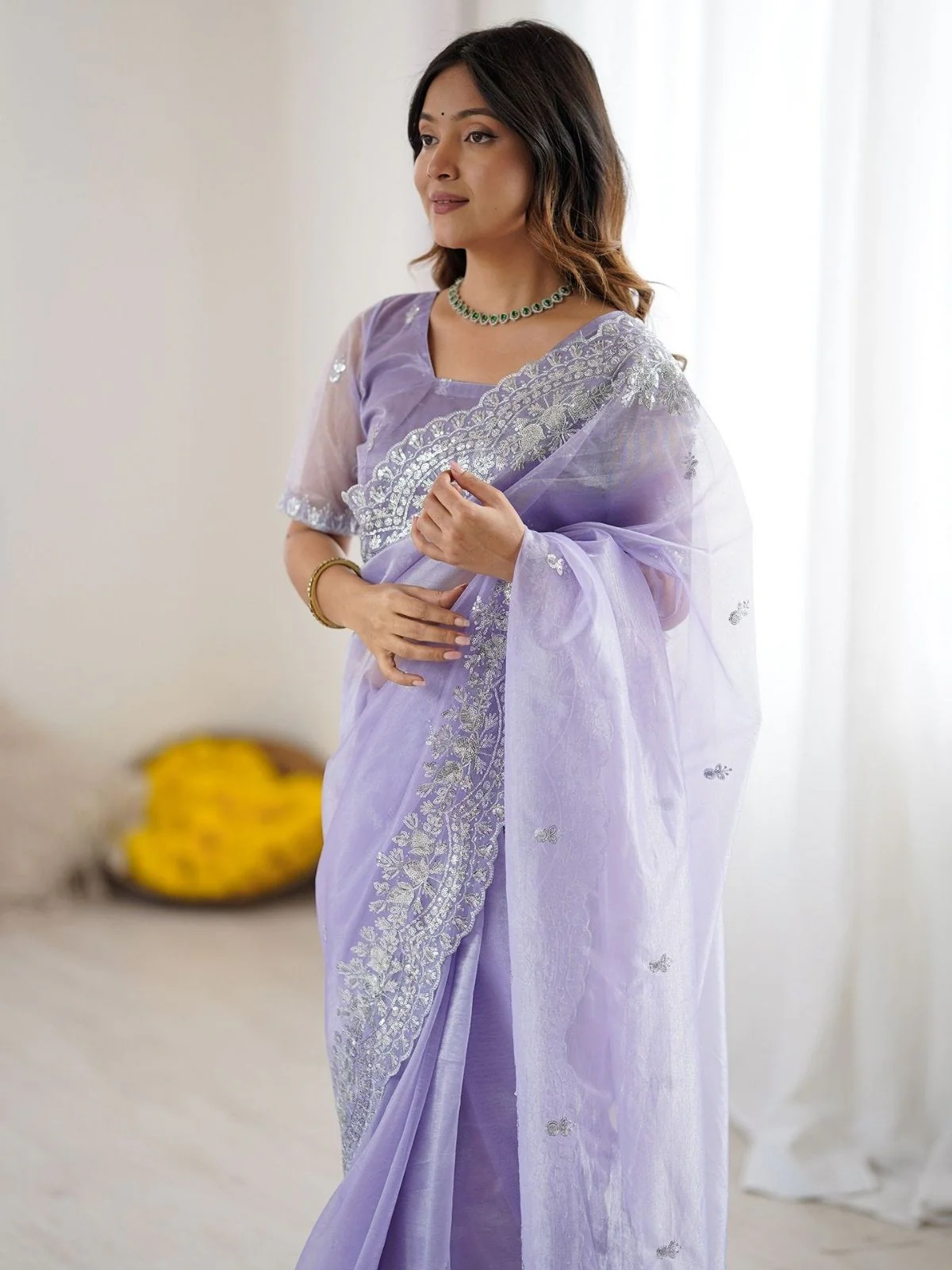 Odette Lavender Organza Embellished Solid Saree For Women - Image 5