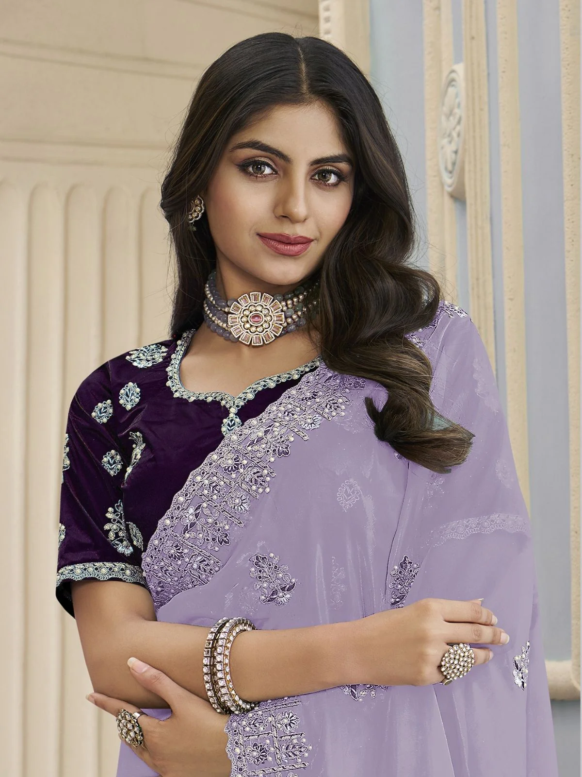 Odette Lavender Organza Embroidered Elegant Saree For Women - Image 2