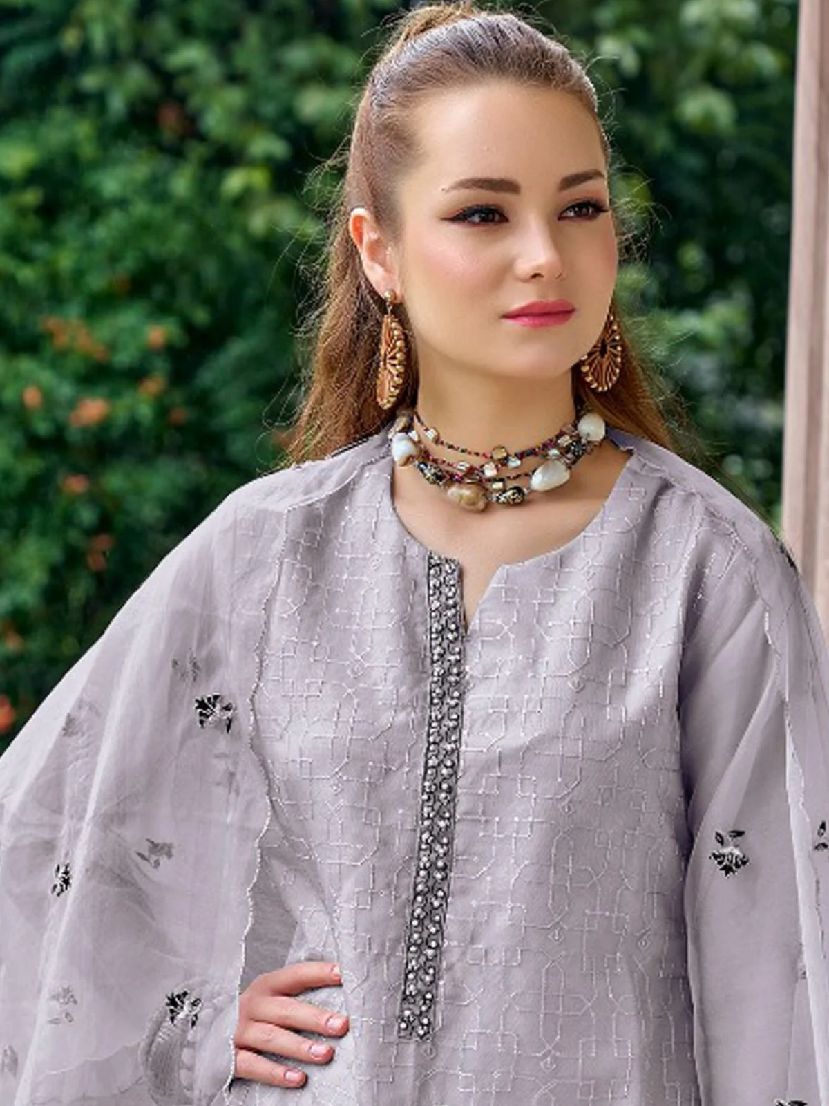 Odette Lavender Organza Embroidered Semi-Stitched Kurta Set For Women - Image 2