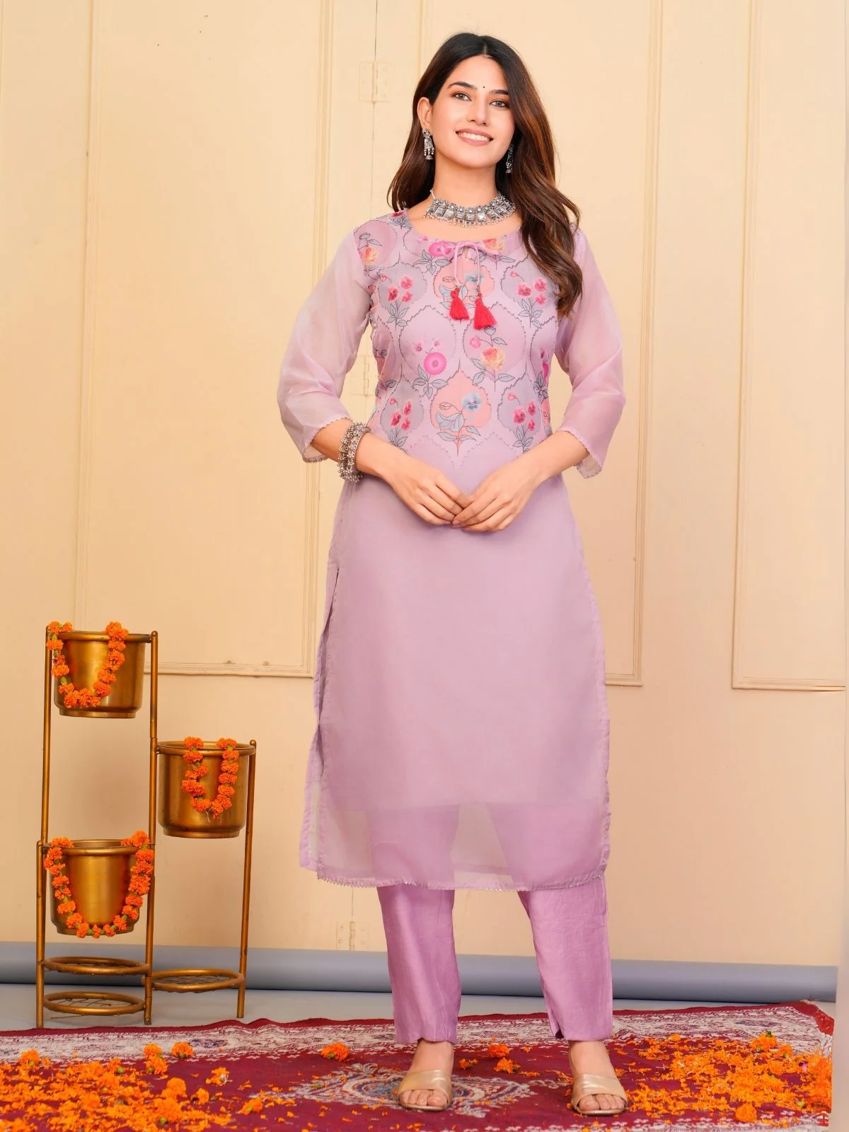 Odette Lavender Organza  Embroidered Stitched Kurta Set For Women - Image 3
