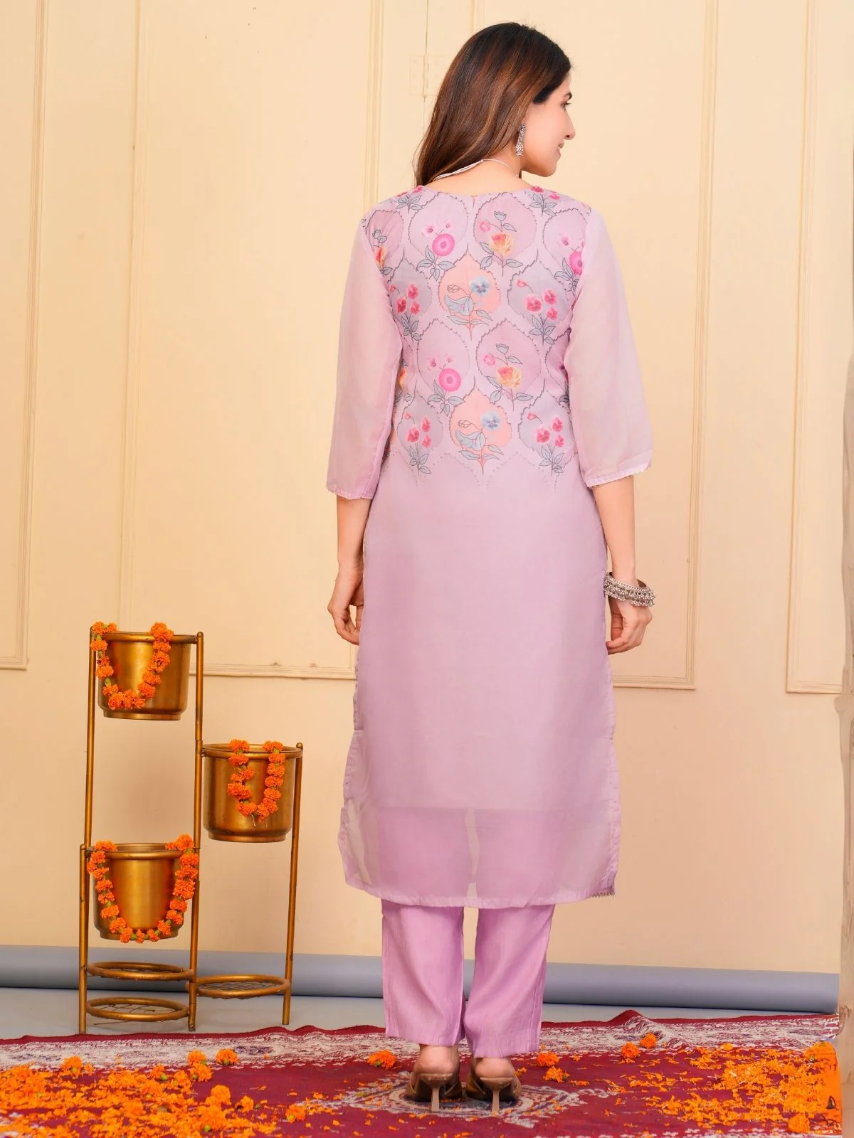 Odette Lavender Organza  Embroidered Stitched Kurta Set For Women - Image 4