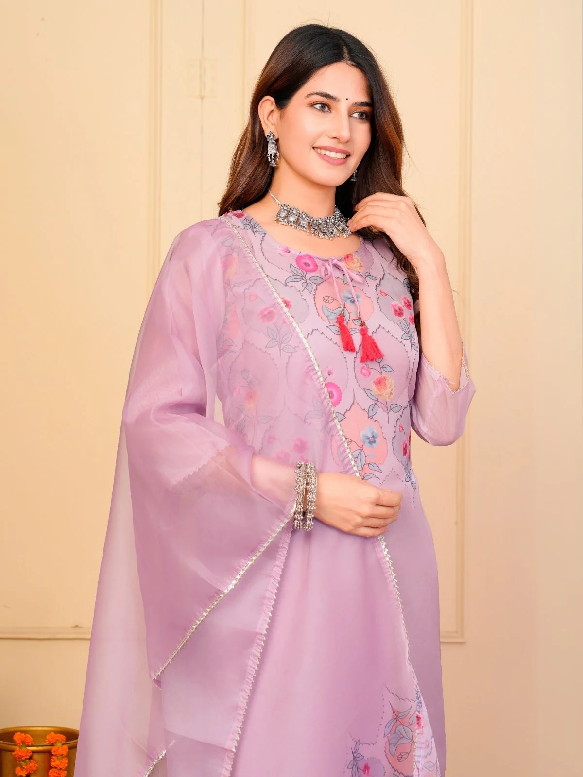 Odette Lavender Organza  Embroidered Stitched Kurta Set For Women - Image 5