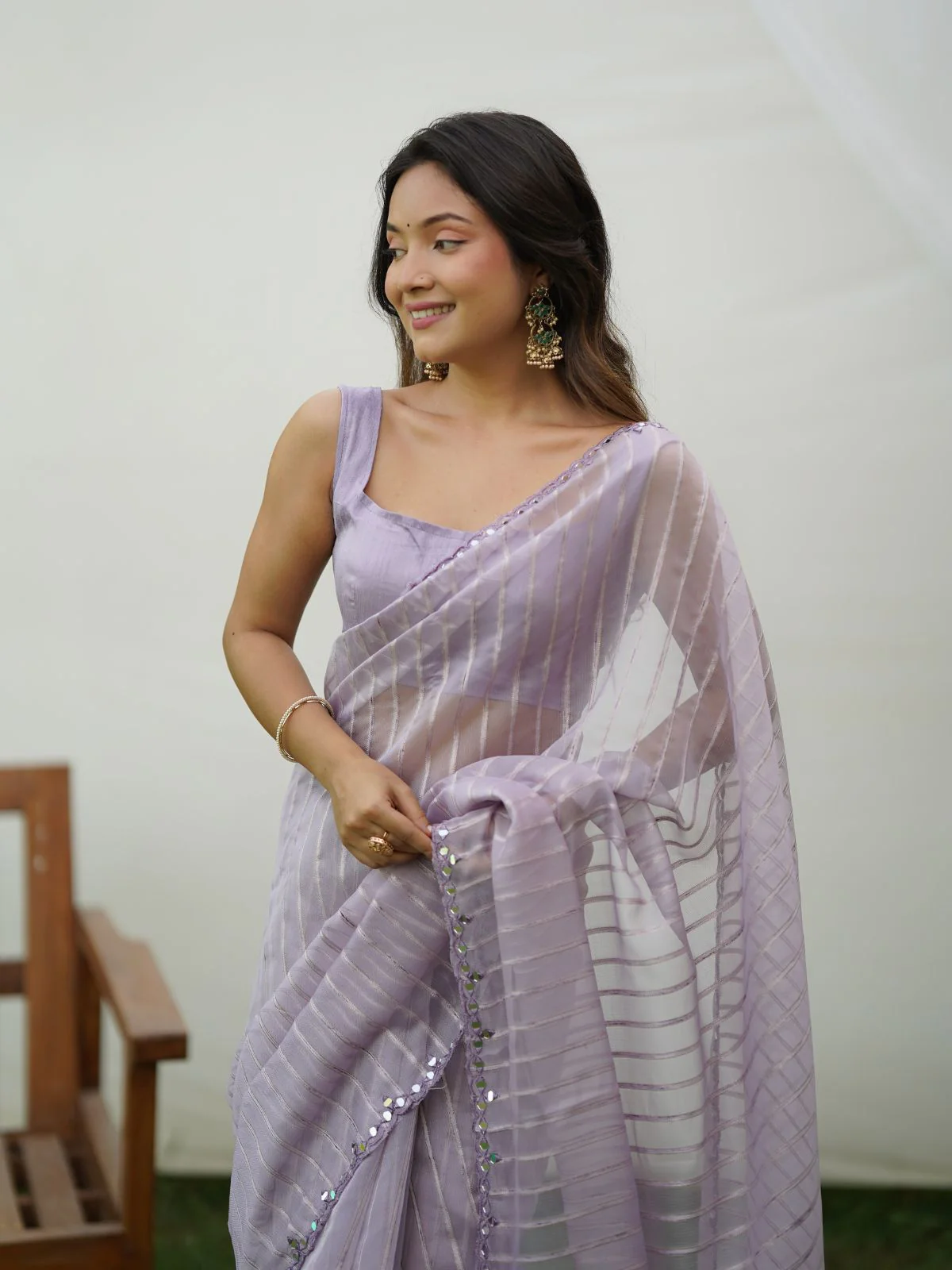 Odette Lavender Organza Mirror Work Saree With Unstitched Blouse For Women - Image 4