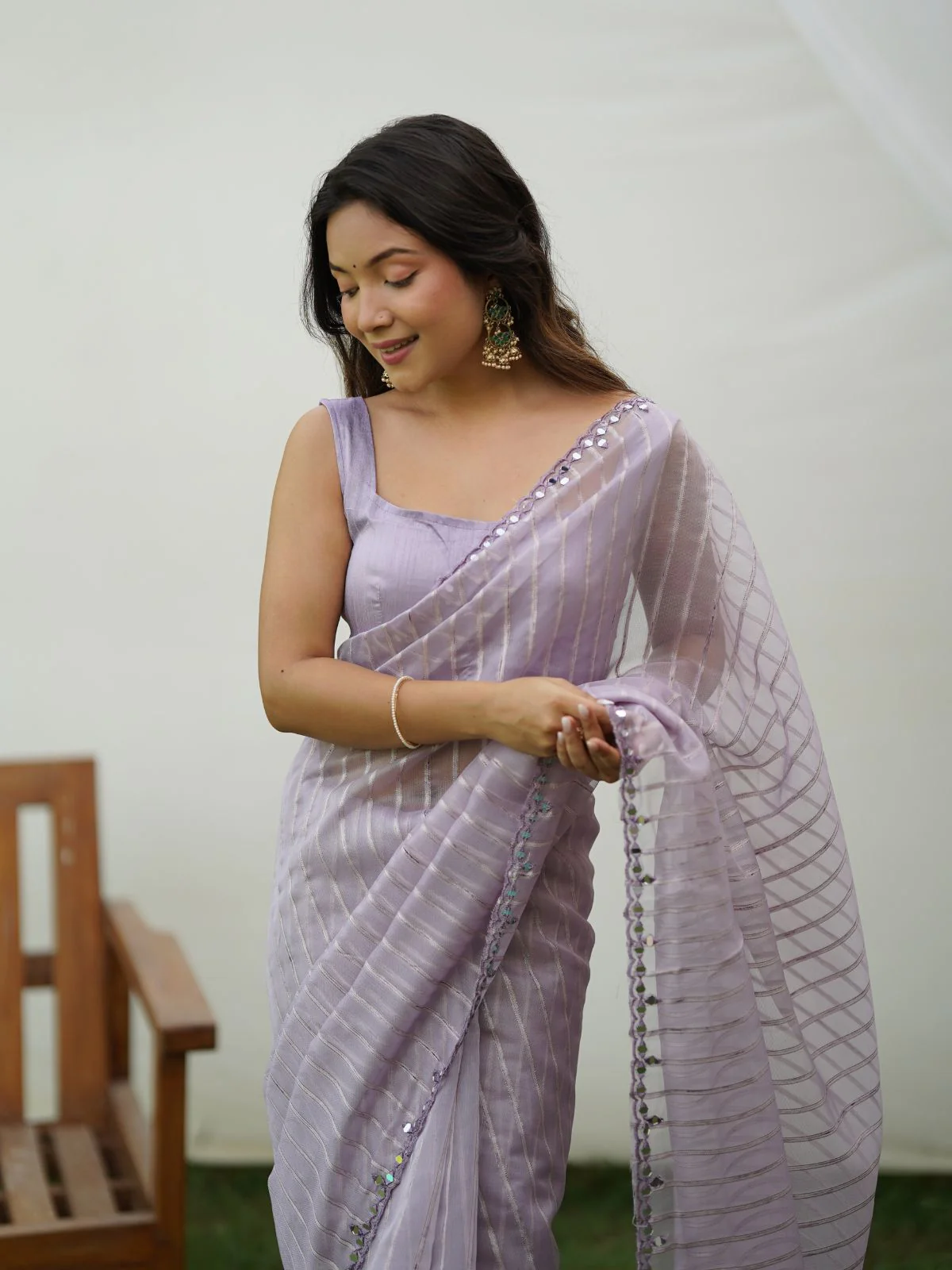 Odette Lavender Organza Mirror Work Saree With Unstitched Blouse For Women - Image 5