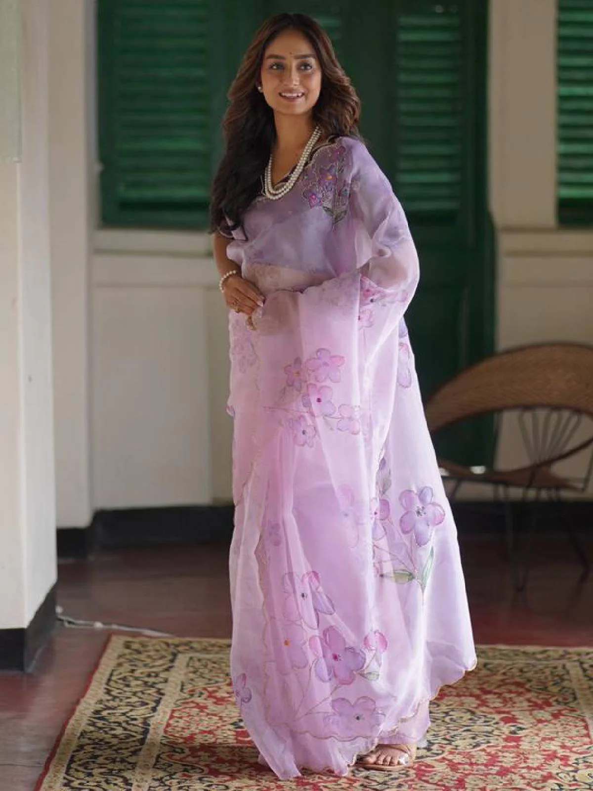 Odette Lavender Organza Printed With unstitched Blouse For Women - Image 3