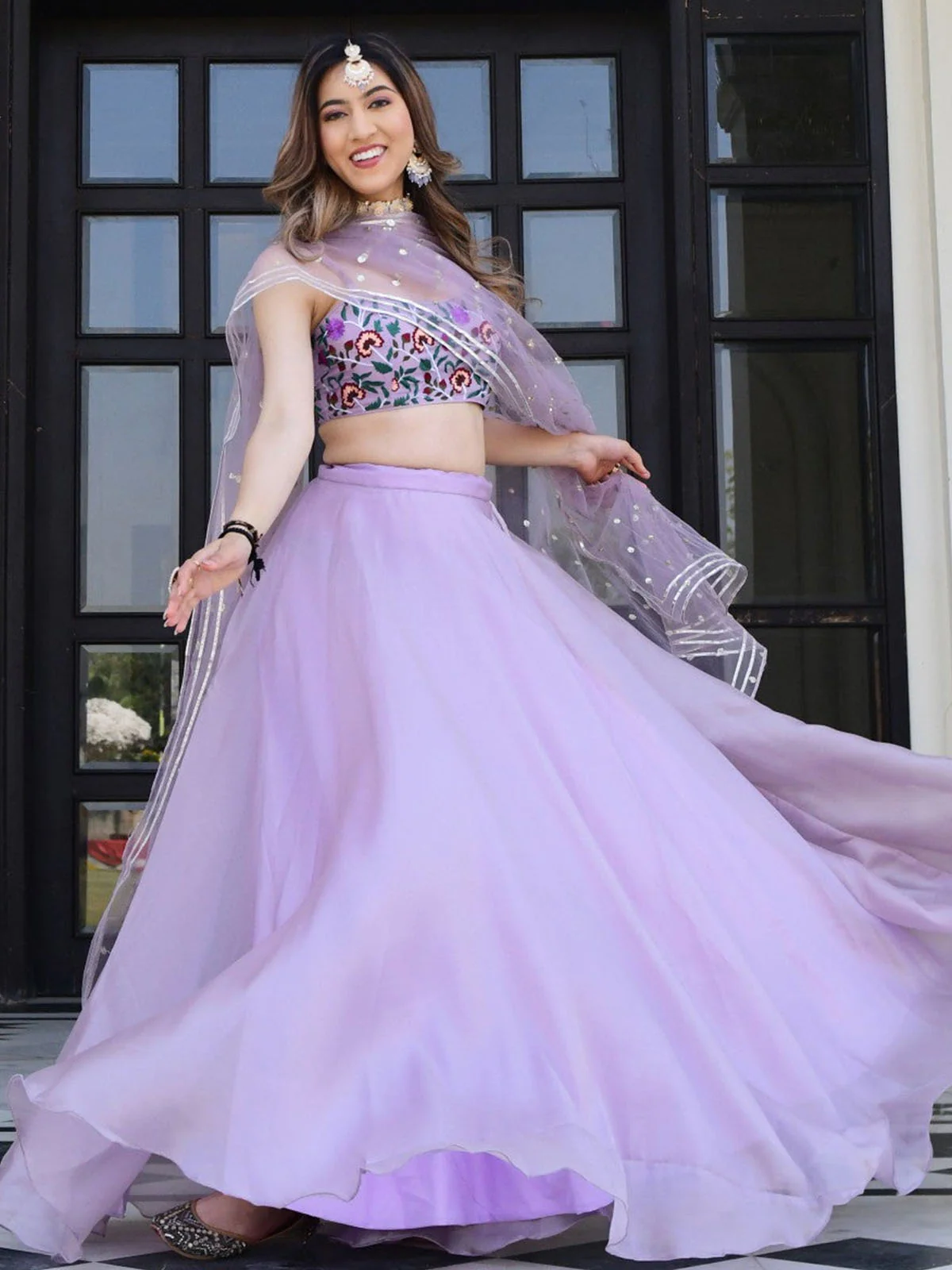 Odette Lavender Organza Net Solid Semi Stitched Lehenga With Unstitched Blouse For Women - Image 2