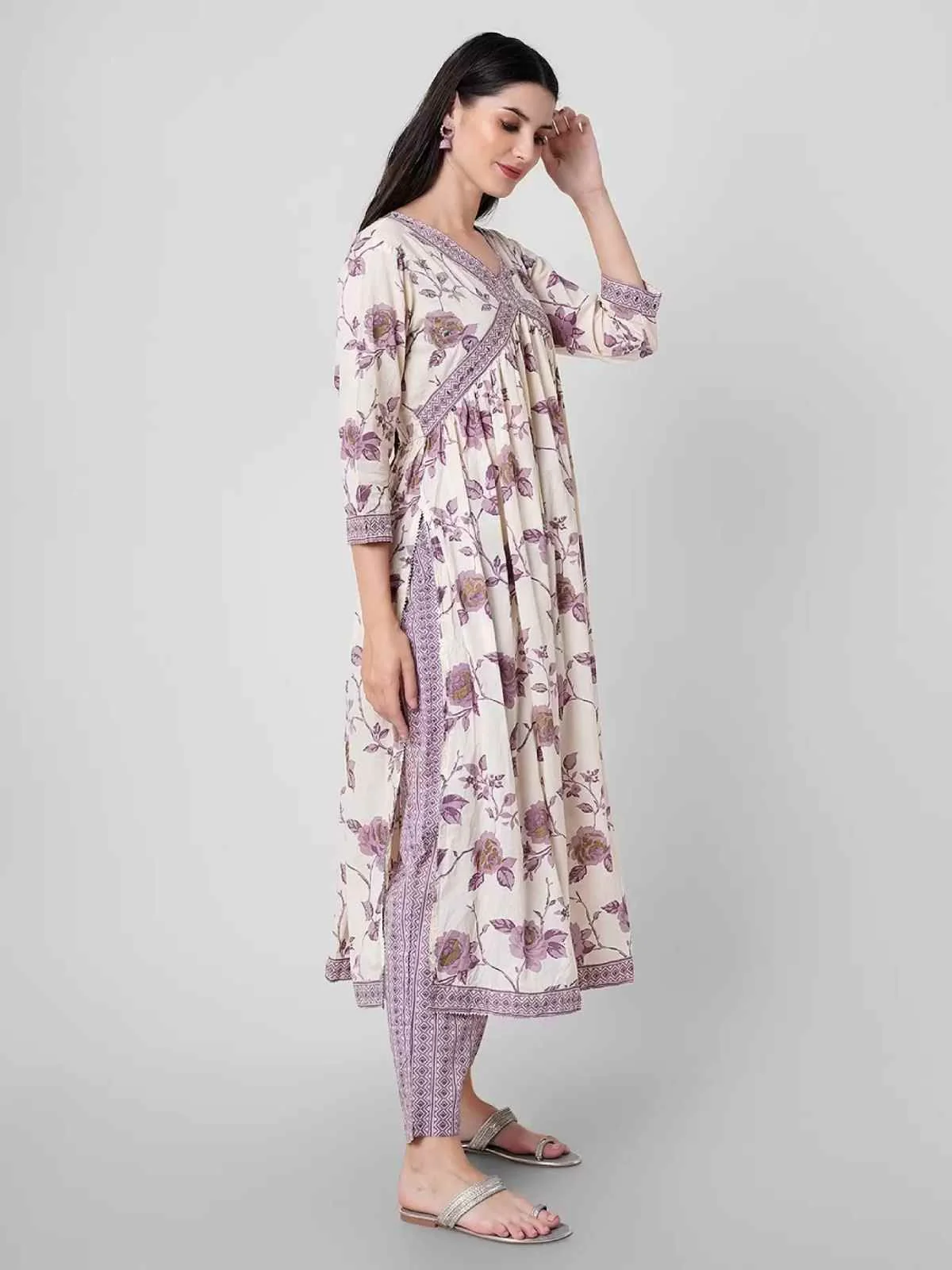 Odette Lavender Printed Cotton Stitched Kurta Set For Women - Image 3