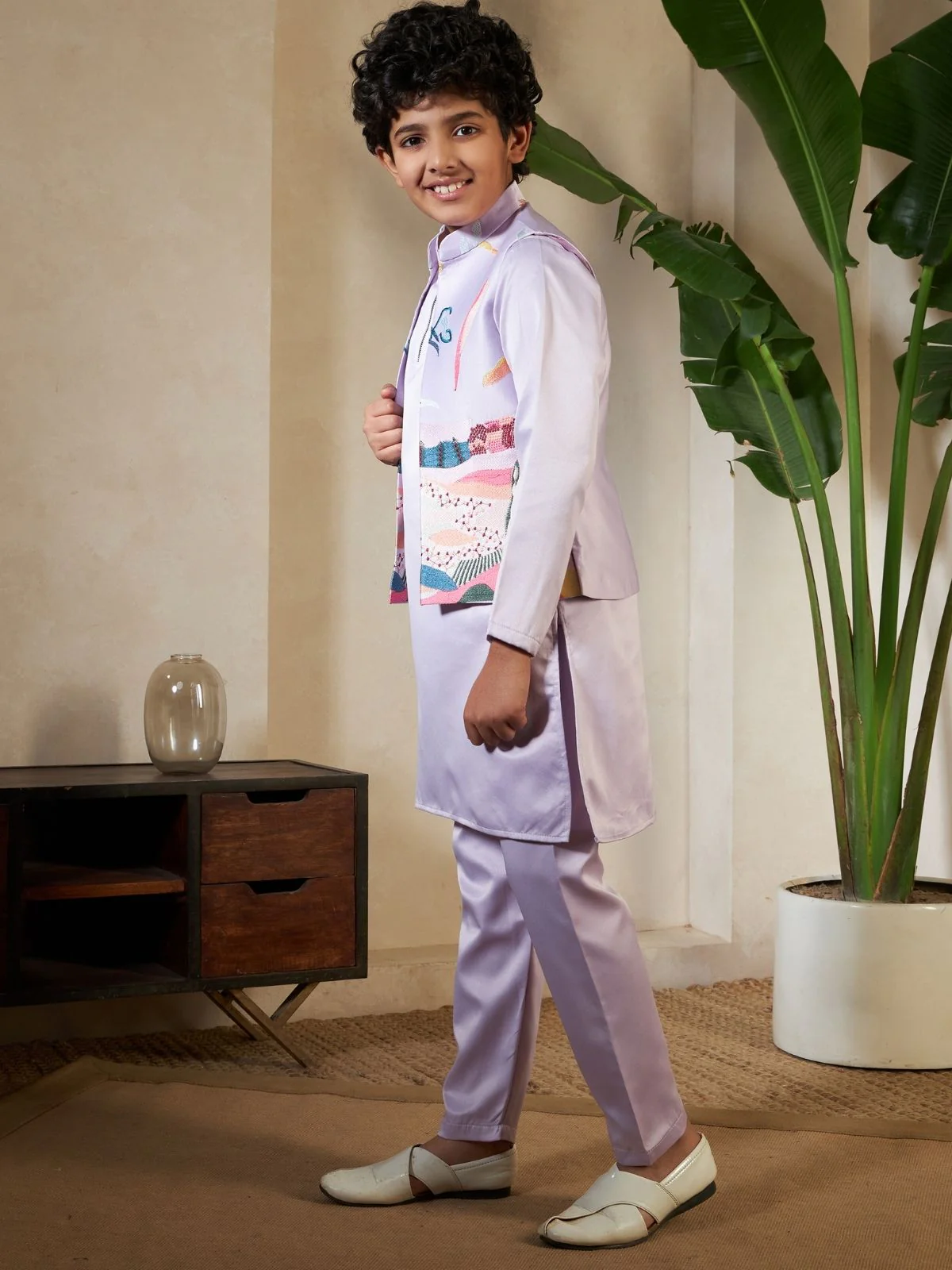 Odette Lavender Satin Embellished Stitched Kurta Set For Kids - Image 2