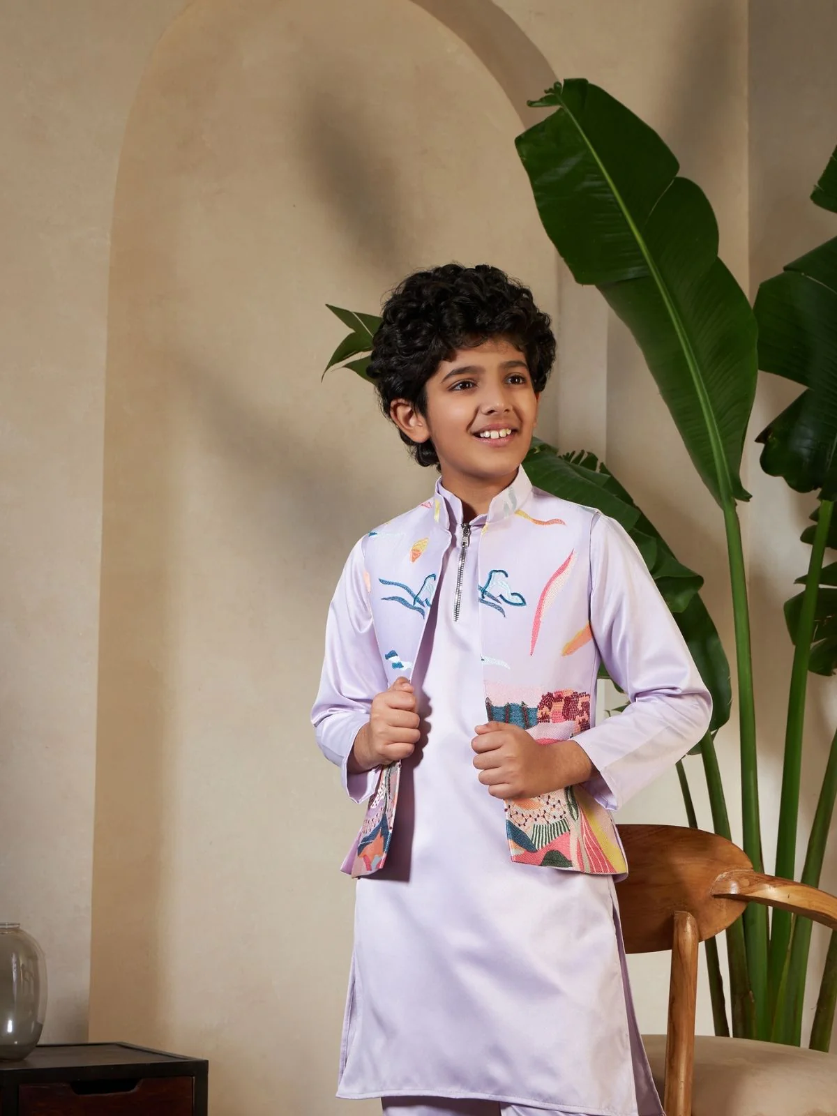 Odette Lavender Satin Embellished Stitched Kurta Set For Kids - Image 5
