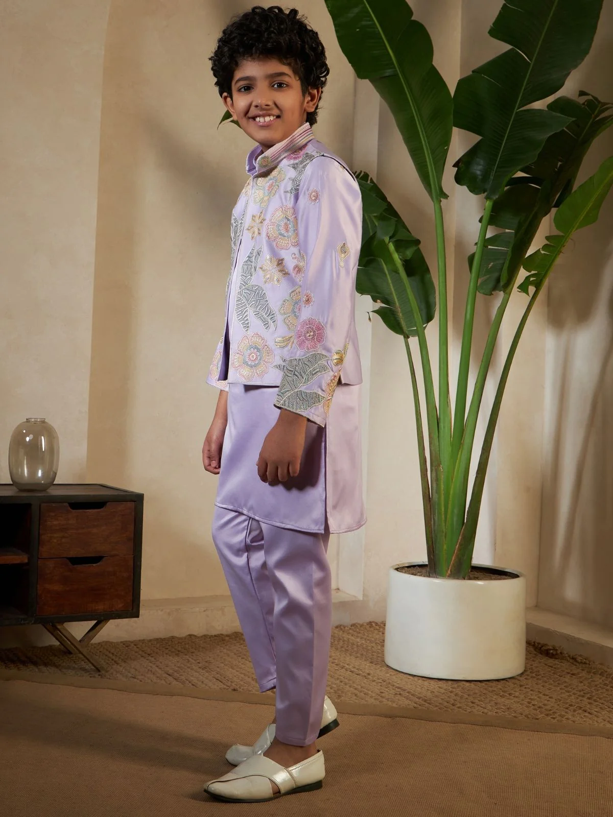 Odette Lavender Satin Embellished Stitched Kurta Set For Kids - Image 2
