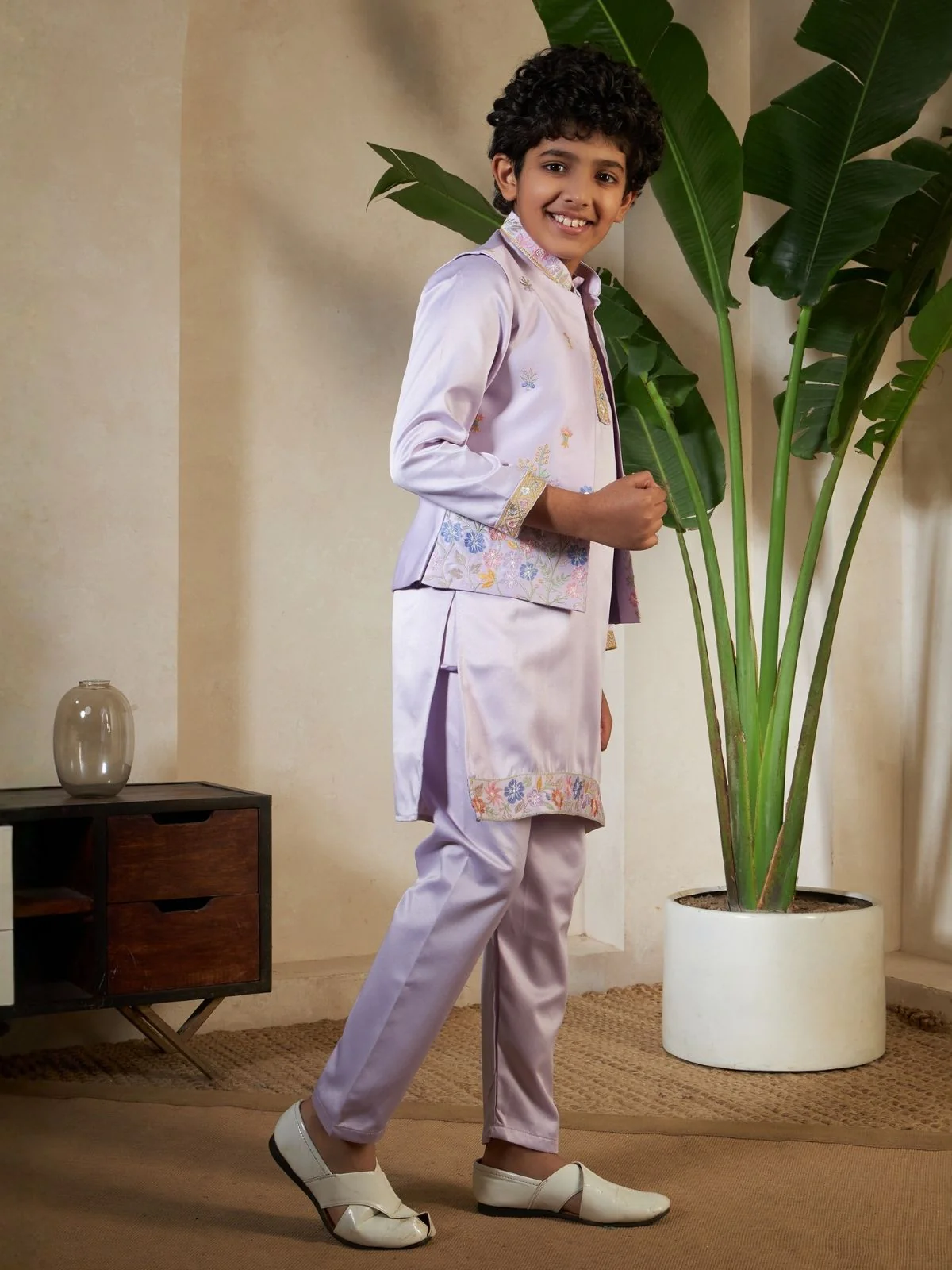 Odette Lavender Satin Embellished Stitched Kurta Set For Kids - Image 2