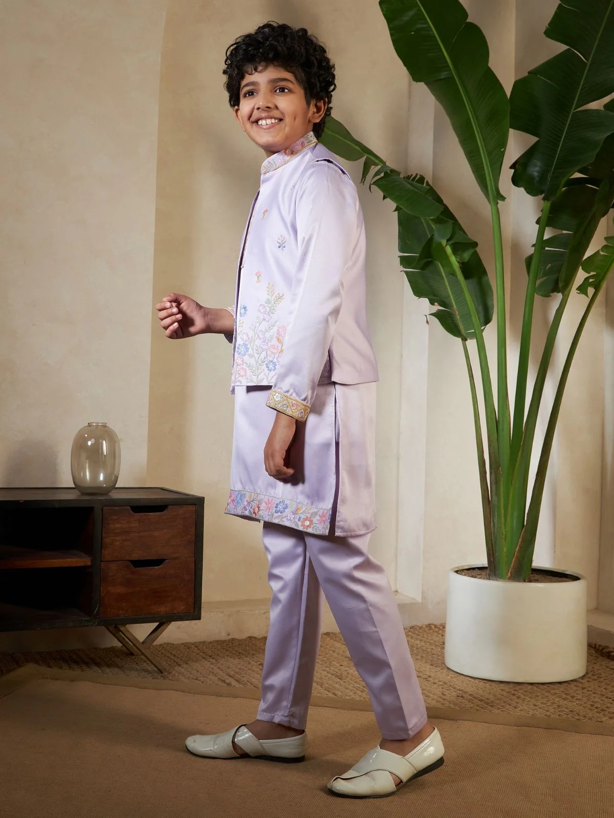 Odette Lavender Satin Embellished Stitched Kurta Set For Kids - Image 3