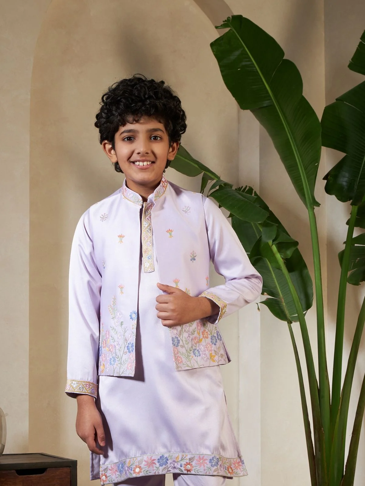 Odette Lavender Satin Embellished Stitched Kurta Set For Kids - Image 6