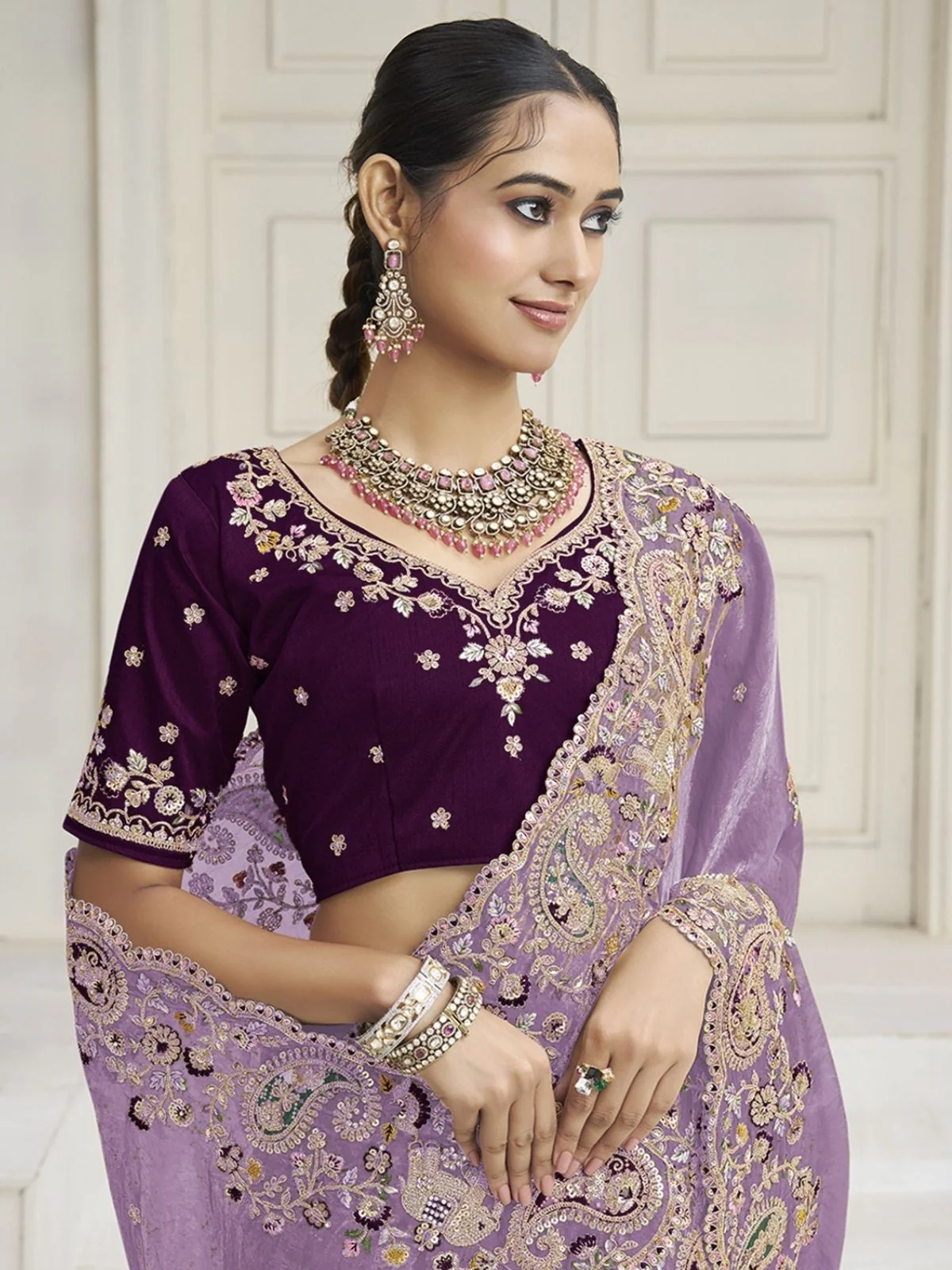 Odette Lavender Satin Embroidered Saree For Women - Image 2