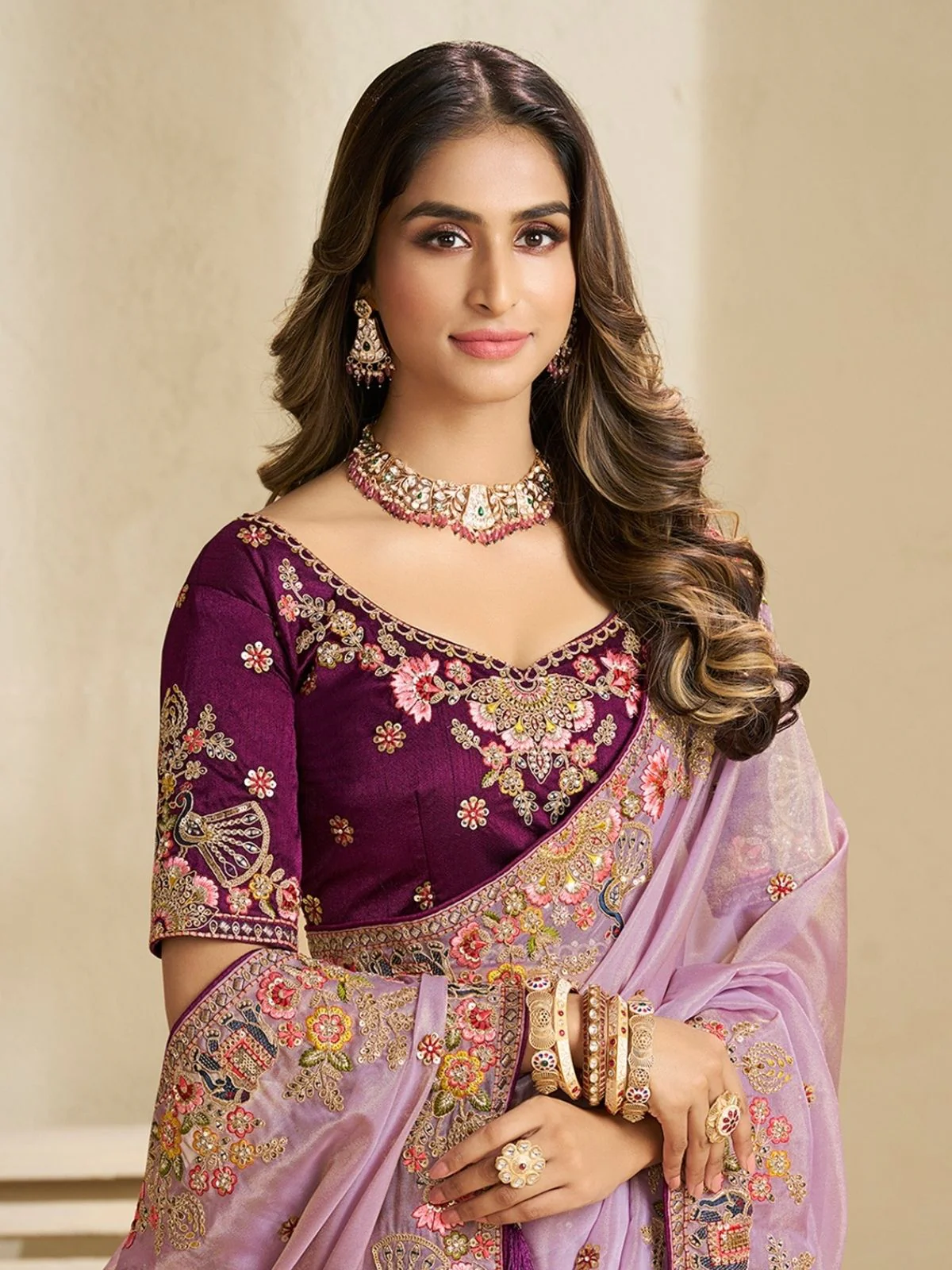 Odette Lavender Satin Embroidered Saree For Women - Image 2