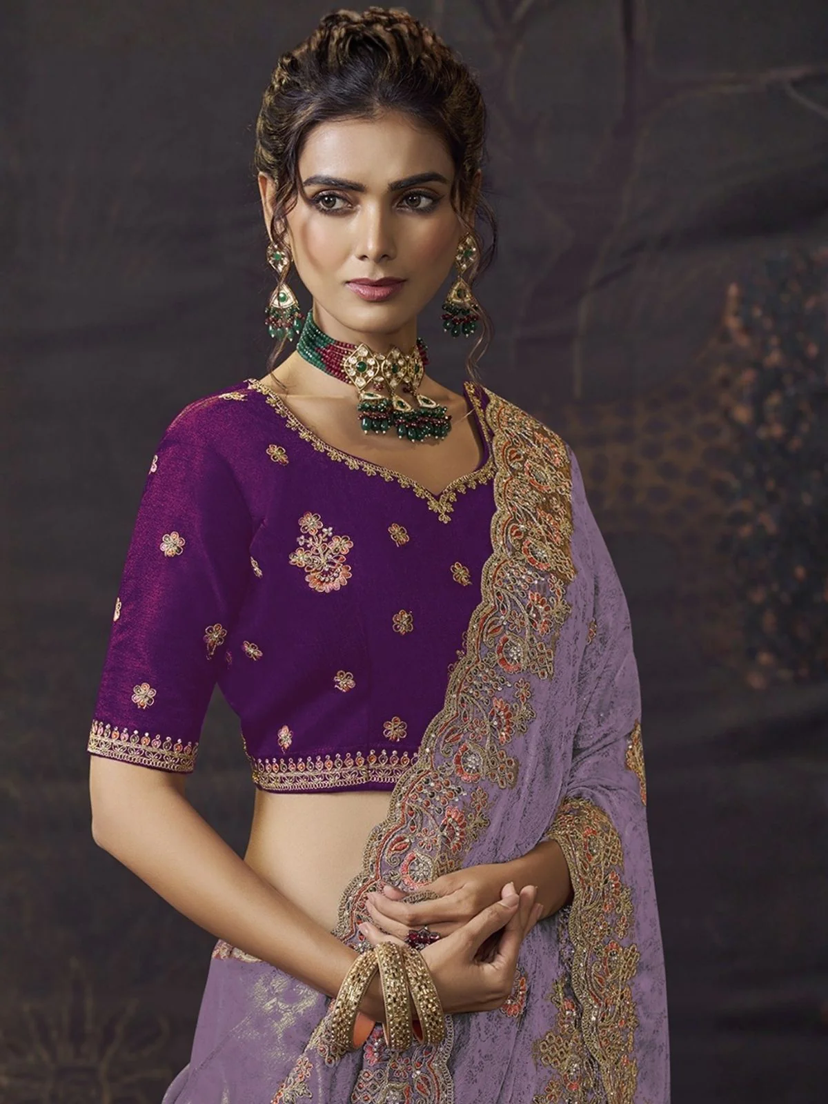 Odette Lavender Satin Embroidered Saree For Women - Image 2