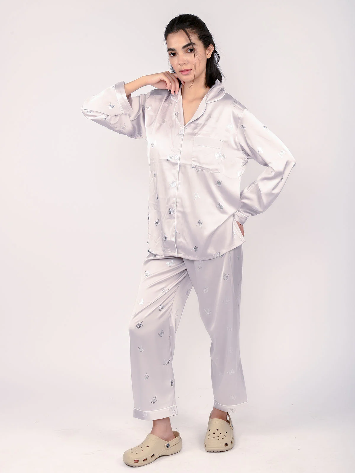 Odette Lavender Satin Printed Night Wear Set For Women - Image 2