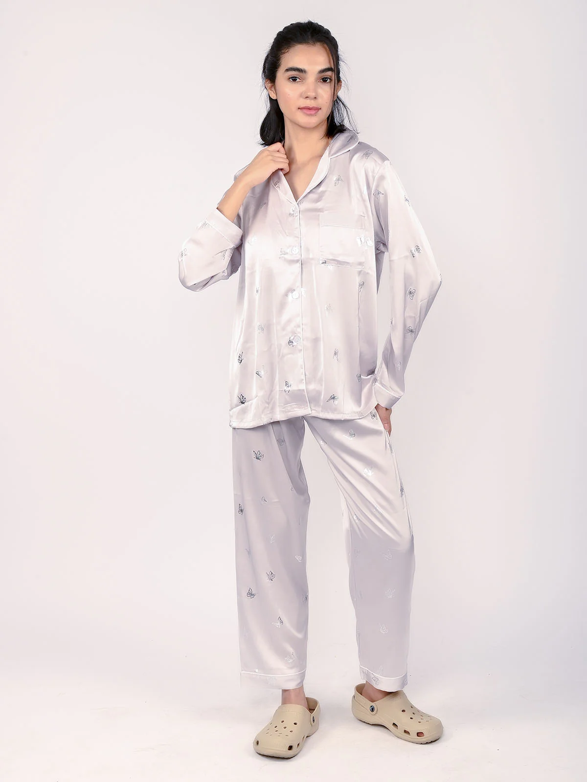Odette Lavender Satin Printed Night Wear Set For Women - Image 3