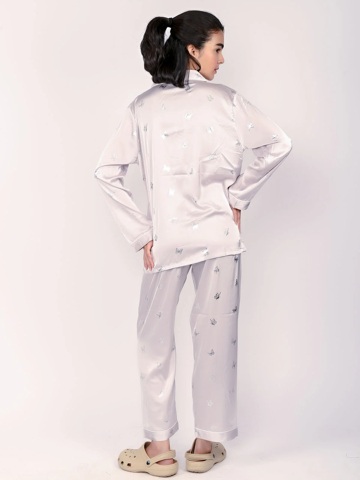 Odette Lavender Satin Printed Night Wear Set For Women - Image 5