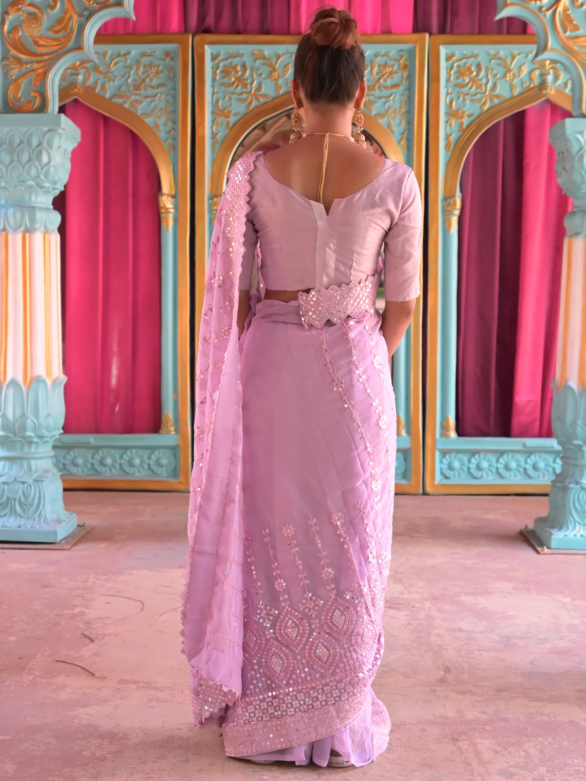 Odette Lavender Sequins Embroidered Georgette Saree with Unstitched Blouse for Women - Image 3