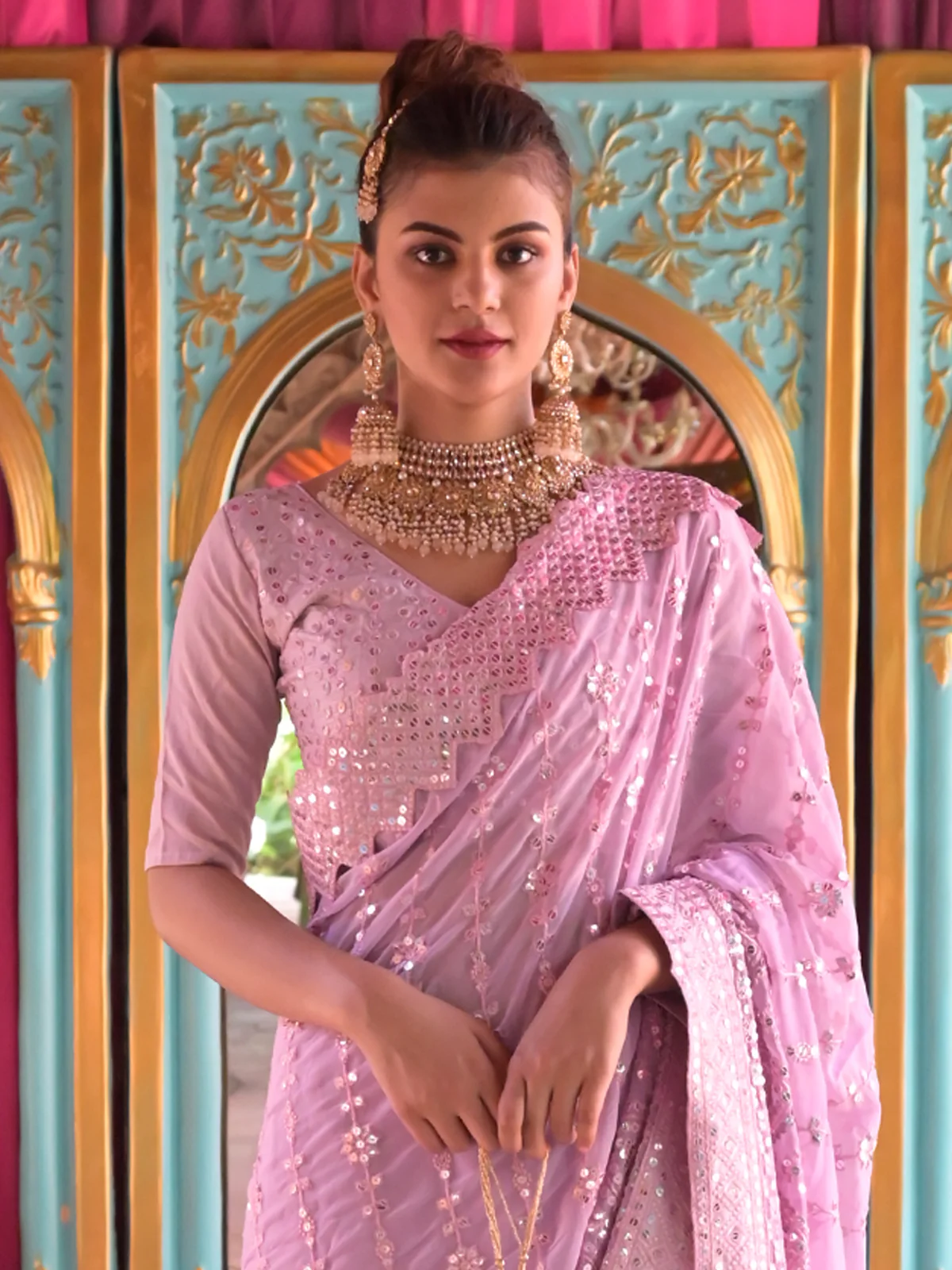 Odette Lavender Sequins Embroidered Georgette Saree with Unstitched Blouse for Women - Image 4
