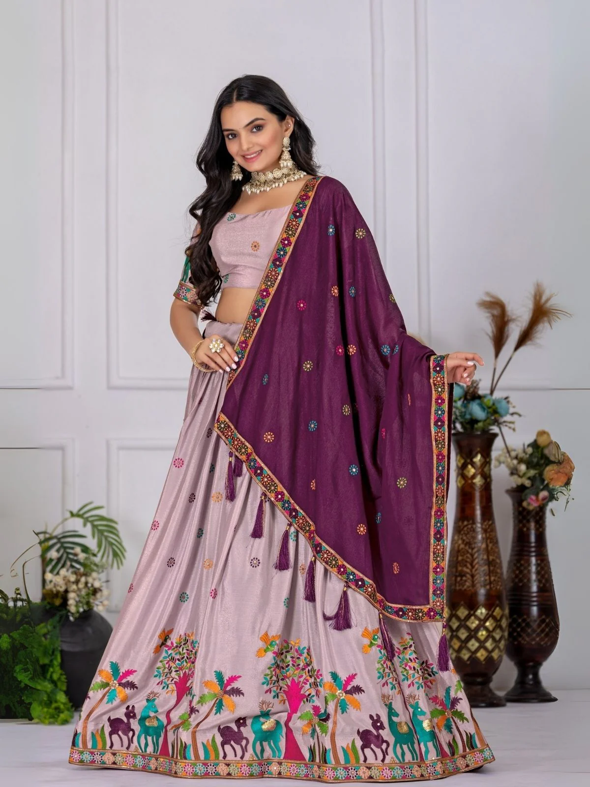 Odette Lavender Silk Blend Embroidered Semi-Stitched lehenga For Women - Image 2