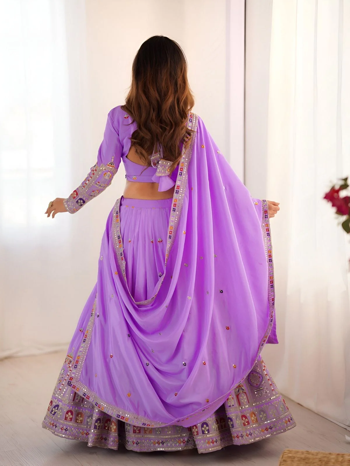 Odette Lavender Silk Blend Embroidered Semi-Stitched lehenga For Women - Image 2