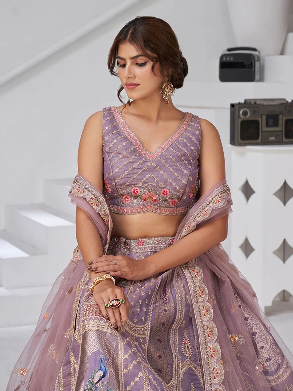 Odette Lavender Silk Blend Embroidered Semi-Stitched Lehenga For Women - Image 3