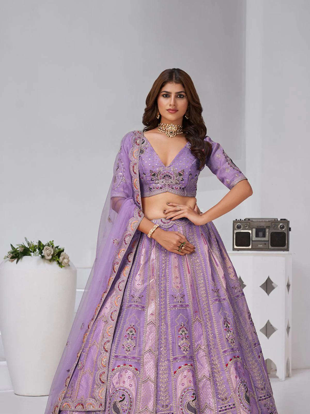 Odette Lavender Silk Blend Embroidered Semi-Stitched Lehenga For Women - Image 3