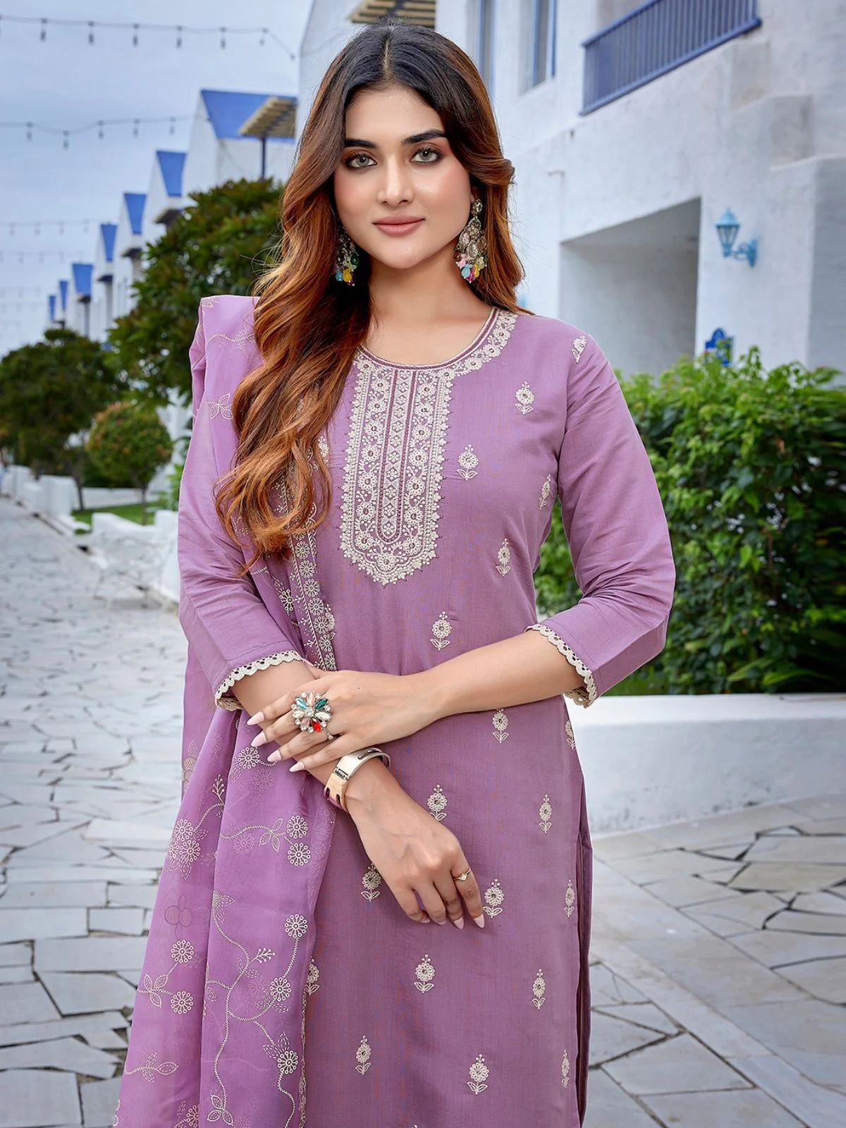Odette Lavender  Silk Blend Embroidered Stiched Kurta Set For Women - Image 4