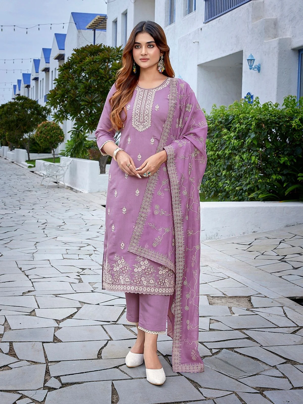 Odette Lavender  Silk Blend Embroidered Stiched Kurta Set For Women - Image 6