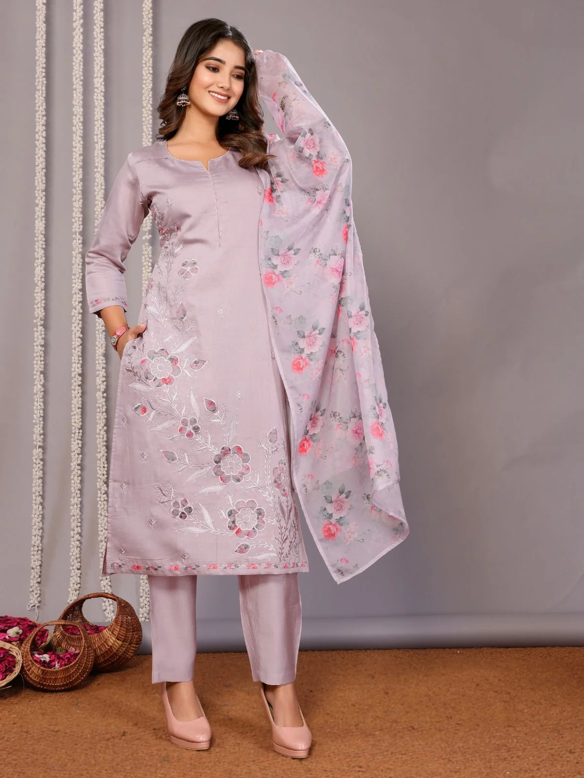 Odette Lavender Silk Blend Embroidered Stiched Kurta Set For Women - Image 6