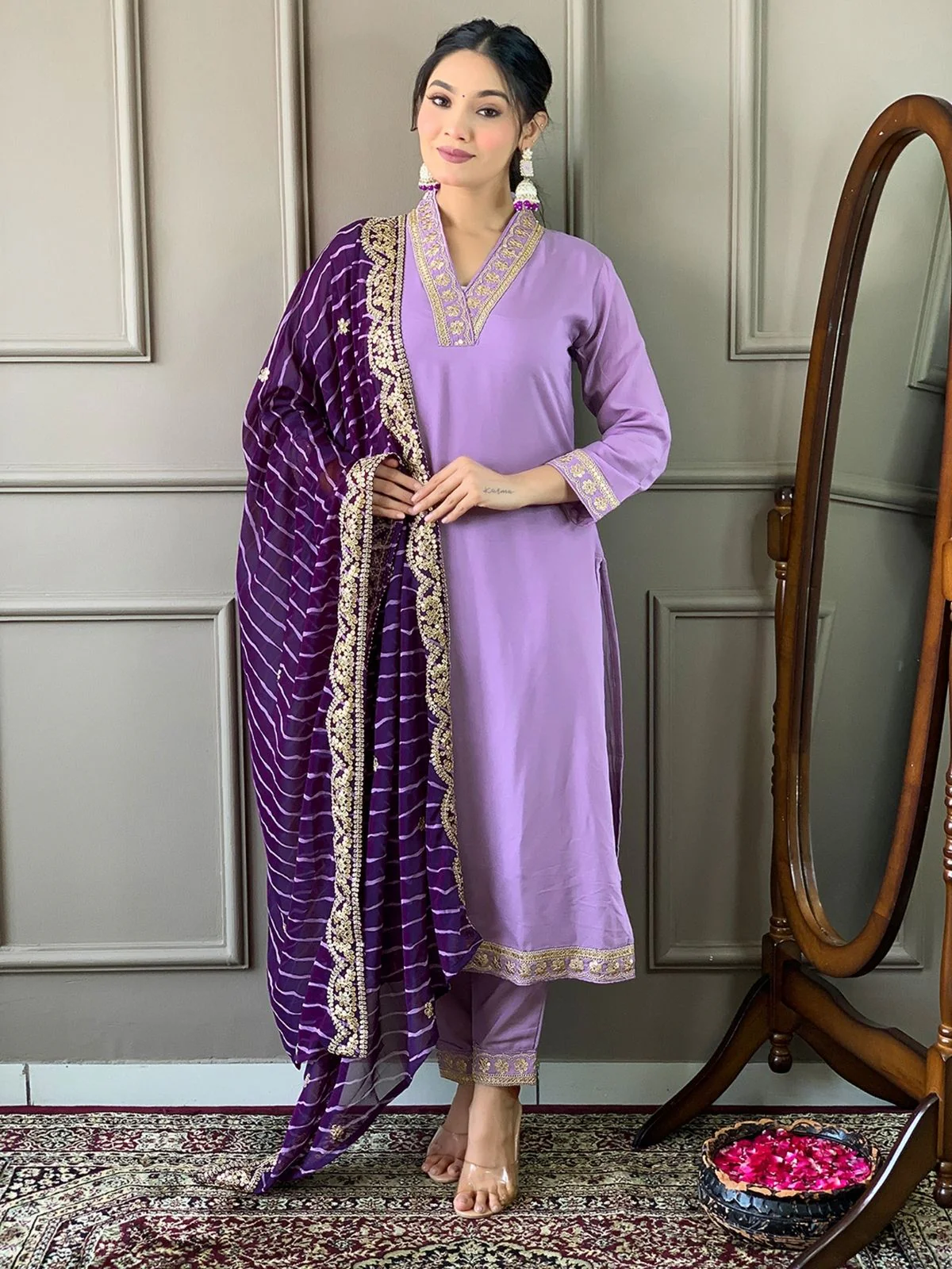 Odette Lavender Silk Blend  Embroidered Stitched Kurta Set for Women - Image 2