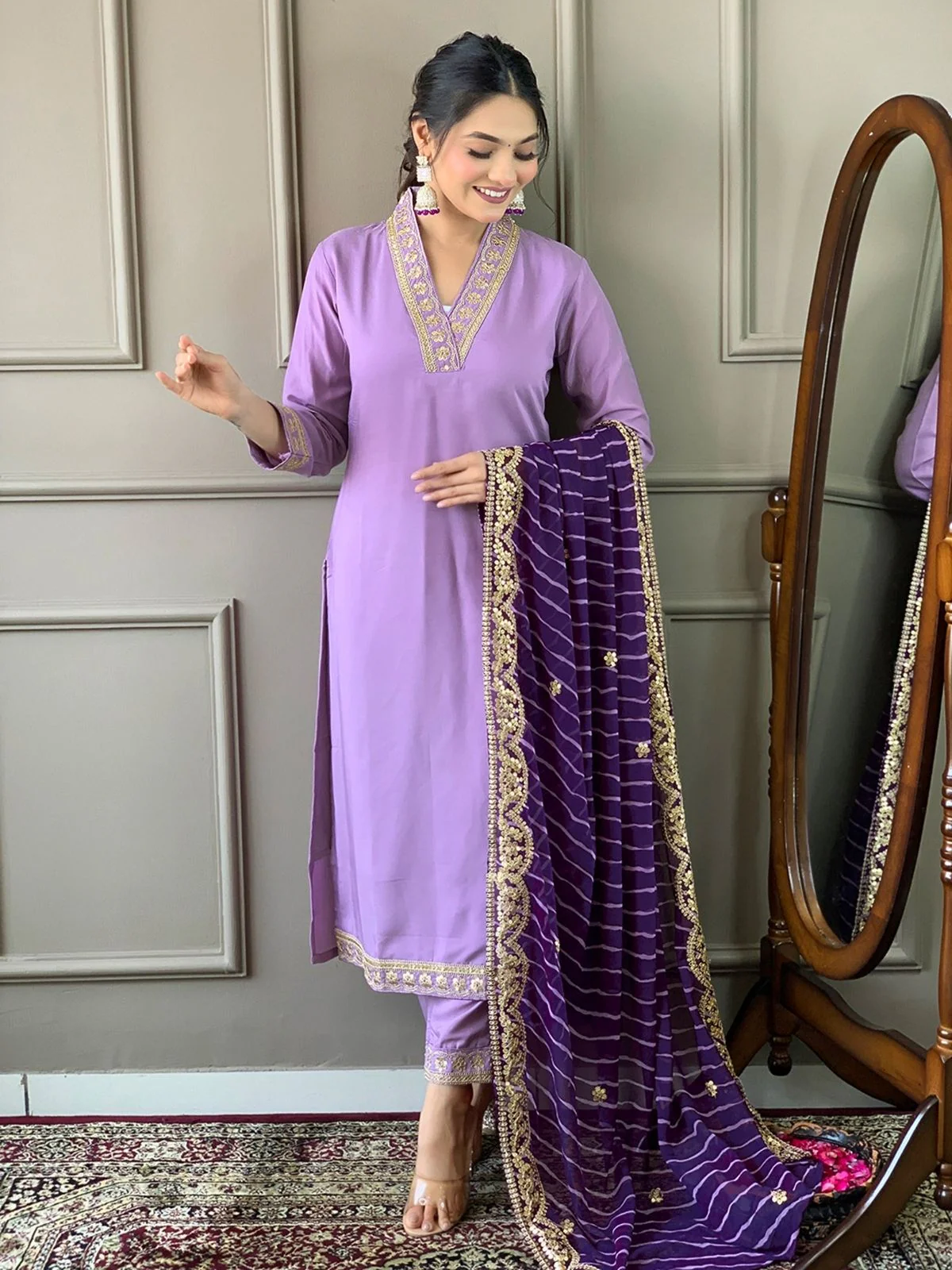 Odette Lavender Silk Blend  Embroidered Stitched Kurta Set for Women - Image 3