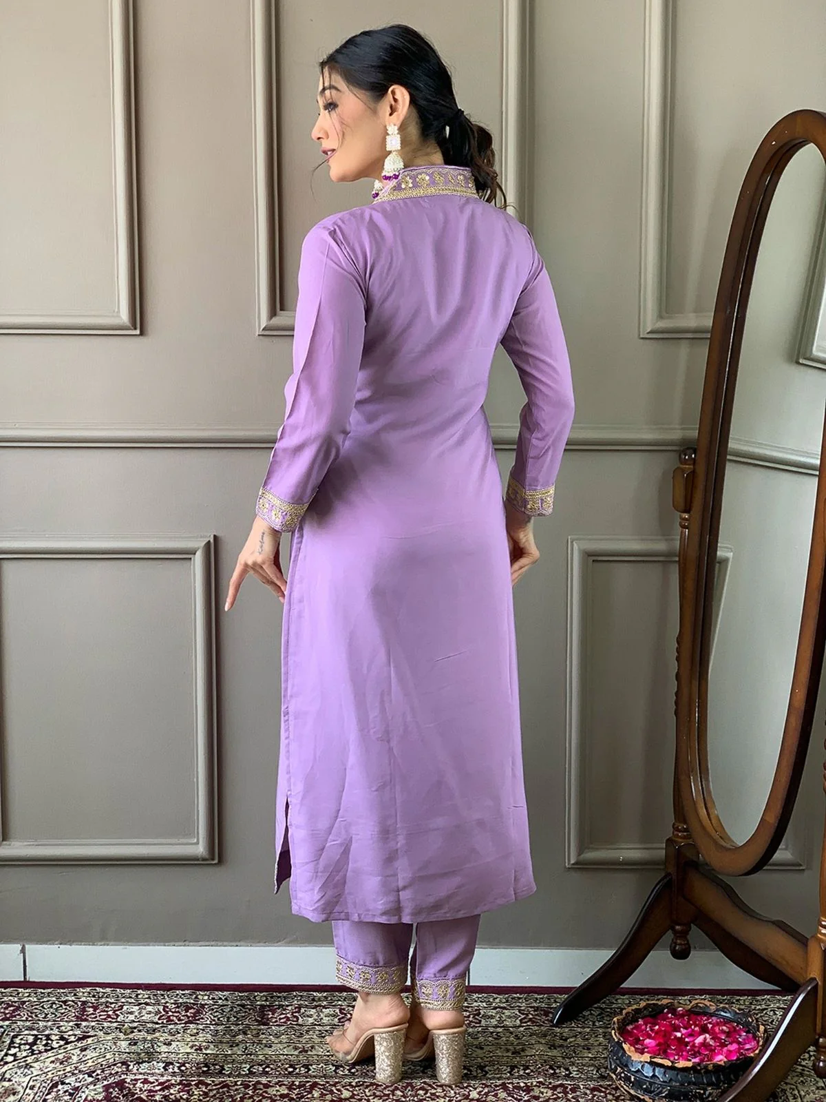 Odette Lavender Silk Blend  Embroidered Stitched Kurta Set for Women - Image 5