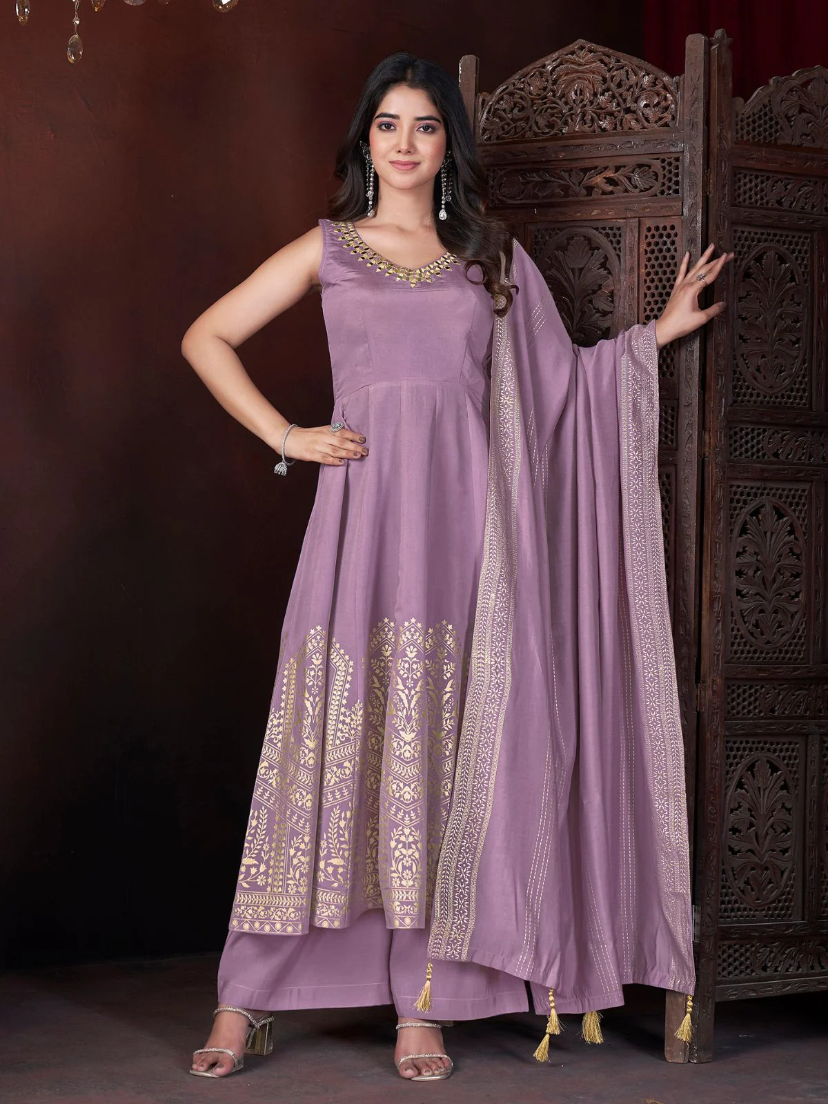 Odette Lavender Silk Blend Woven Stitched Kurta Set For Women - Image 2