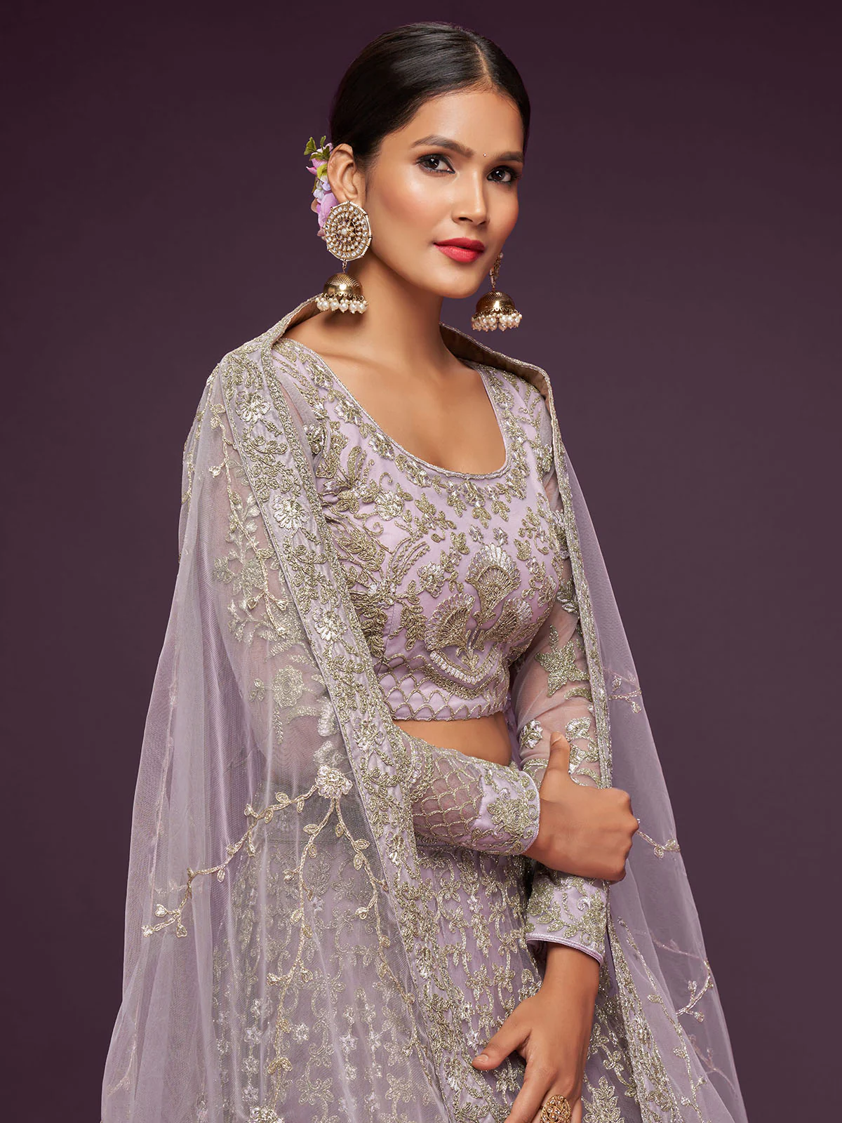 Odette Lavender Soft Net Embellished Semi Stitched Lehenga With Unstitched Blouse For Women - Image 4